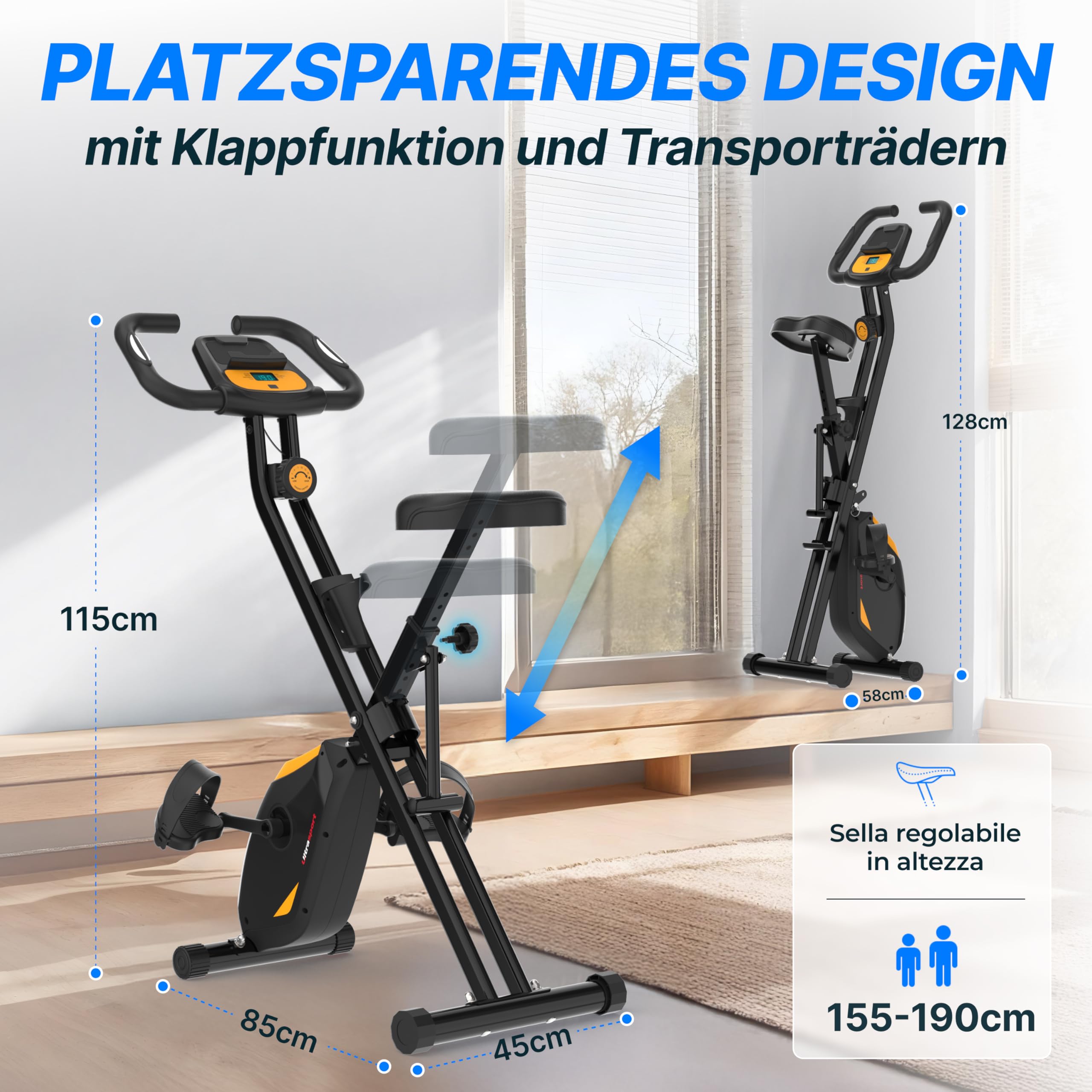 Ultrasport F-Bike Pro Cyclette da Casa Pieghevole I Cyclette Pieghevole da Casa fino a 150 KG con 16 Livelli, Sella Extra Confortevole, Funzione App, LCD Display e Sensori, Cyclette da Camera