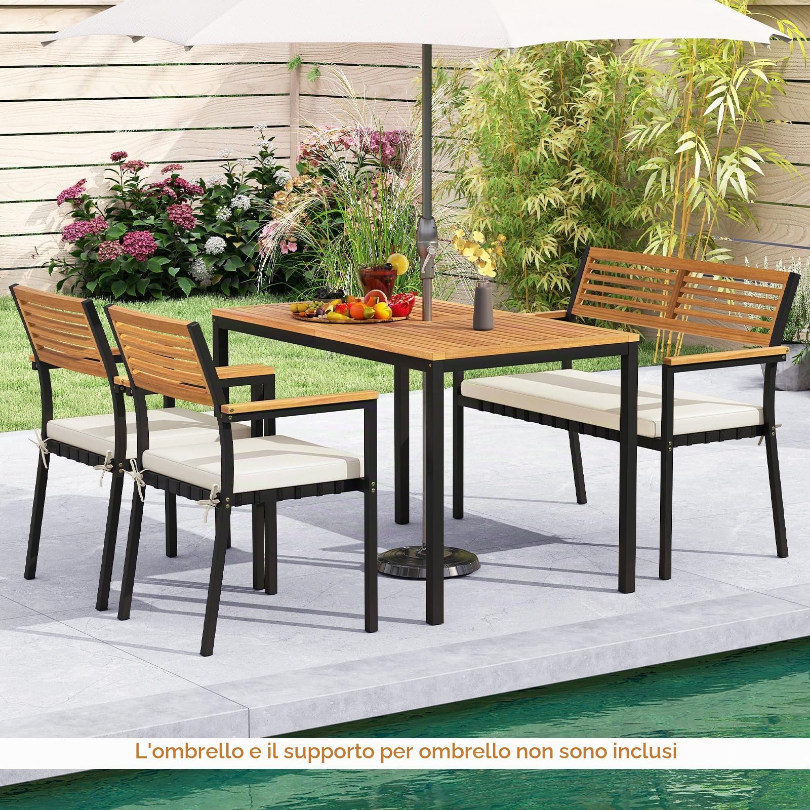 KOMFOTTEU Tavolo da Giardino con 2 Sedie e Panca con Foro per Ombrellone e Cuscino Morbid, Set Pranzo da Giardino Ergonomico in Legno di Acacia, Design Impilabile, Set Salotto per Esterno da Balcone