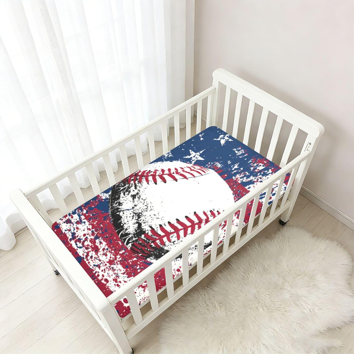Vintage American Flag Baseball Crib Sheets Soft Breathable Fitted Cotton Baby Crib Sheets Mattress Cover for Girl Boy, 52" x 28" x 9"