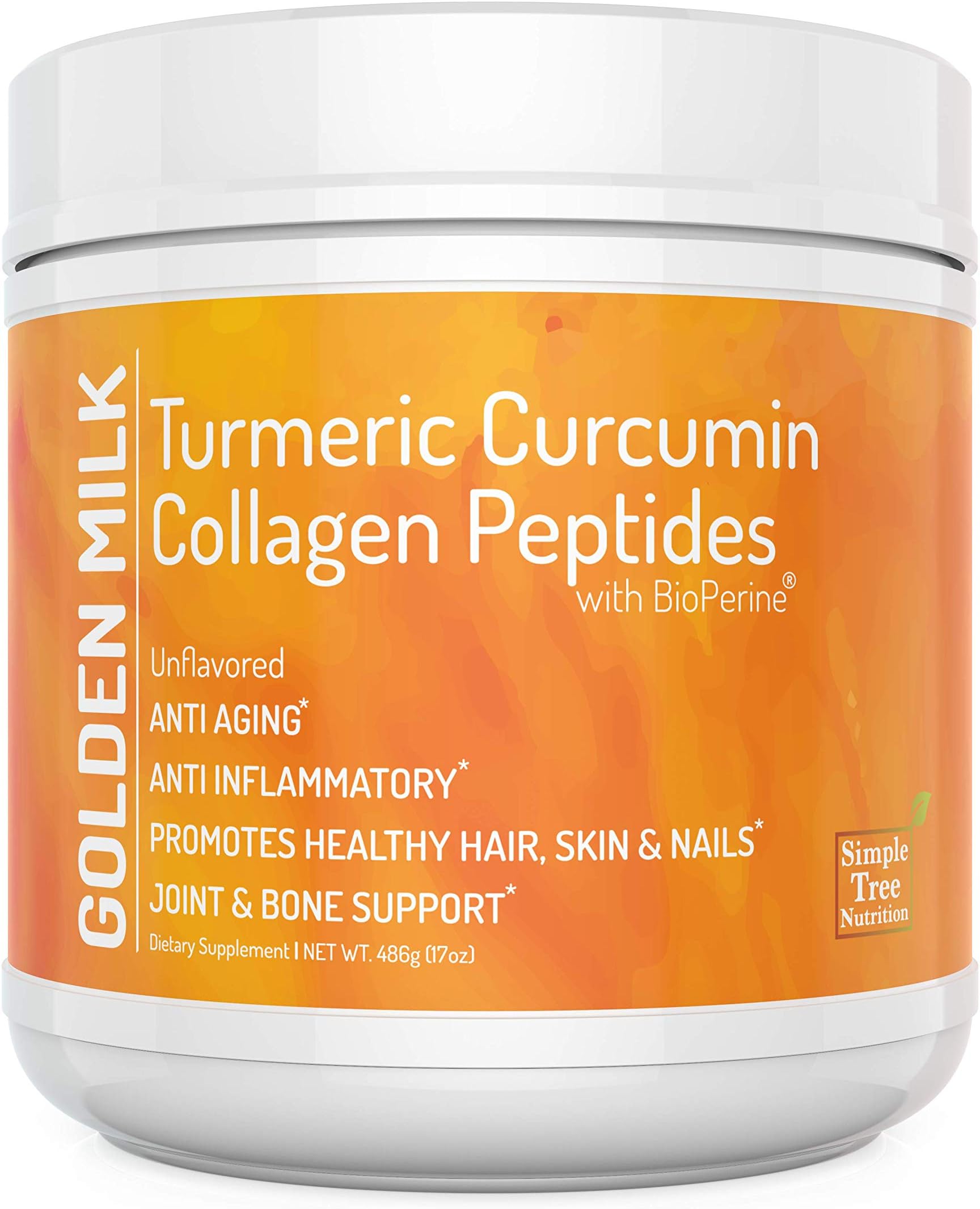 Unflavored Golden Milk Superfood with Turmeric Root Extract 95% Curcuminoids and Hydrolized Collagen (Peptides) with Black Pepper Fruit Extract (BioPerine) in Combination with Vitamin C, (486g)