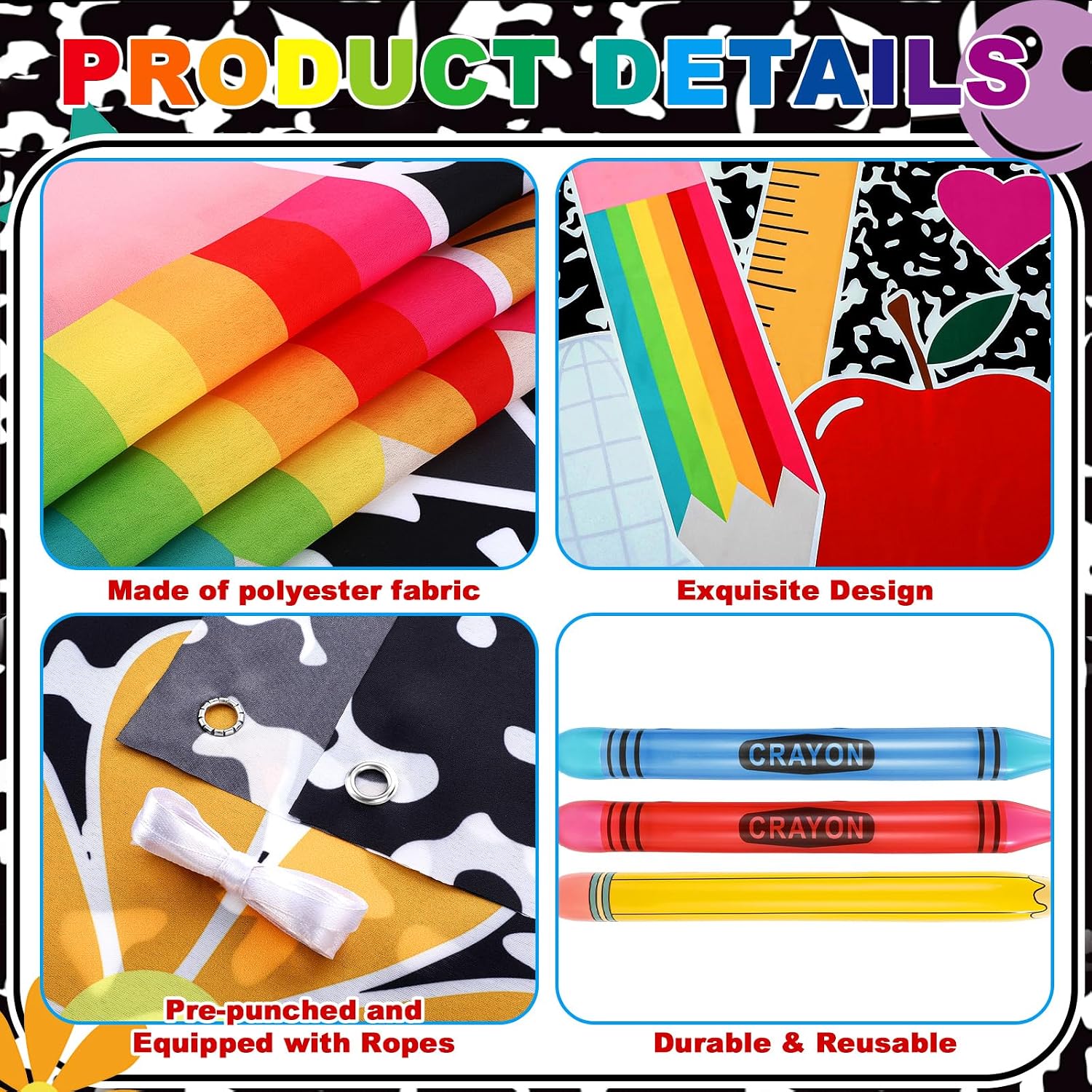 Duraaamo 7 Pcs Back to School Photo Booth Props Composition Book Paper Photo Frame Large Inflatable Crayon Pencil Apple Balloons Set for Celebration First Day of Preschool Graduation Party Decorations