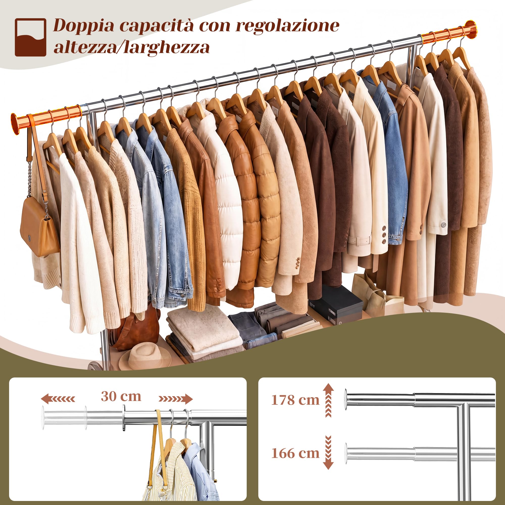 Stand Appendiabiti con Ruote, Portata massima 200KG, Argento | 130–190cm Estensibile, 166-178cm Regolabile in Altezza, per Cappotto invernale, Giacca, Maglioni, Camera da letto, Dormitorio