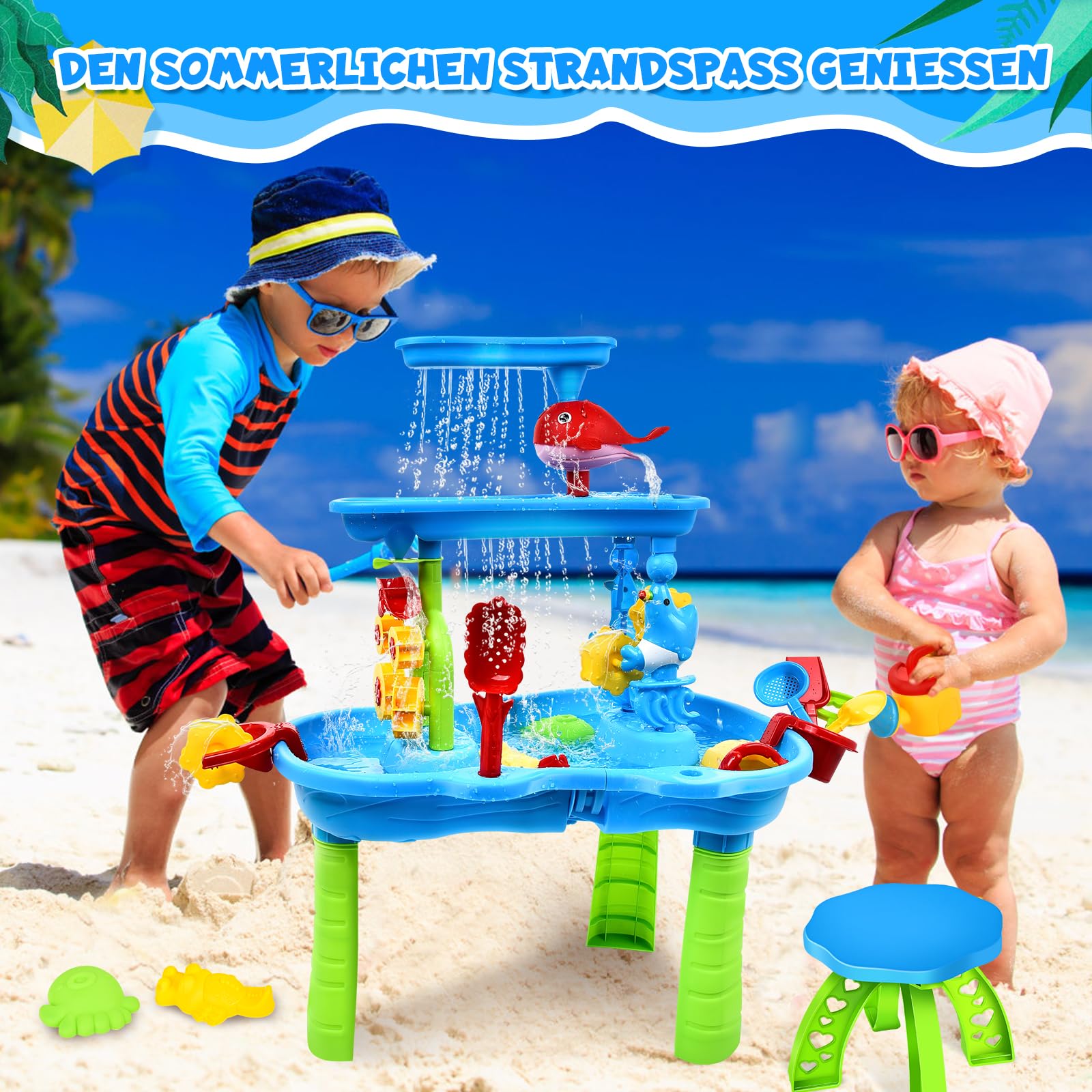 JONRRYIN Mesa de Juego de Agua y Arena, Mesa para Niños al Aire Libre con Juguetes Playa para Niños y Niñas (Azul)