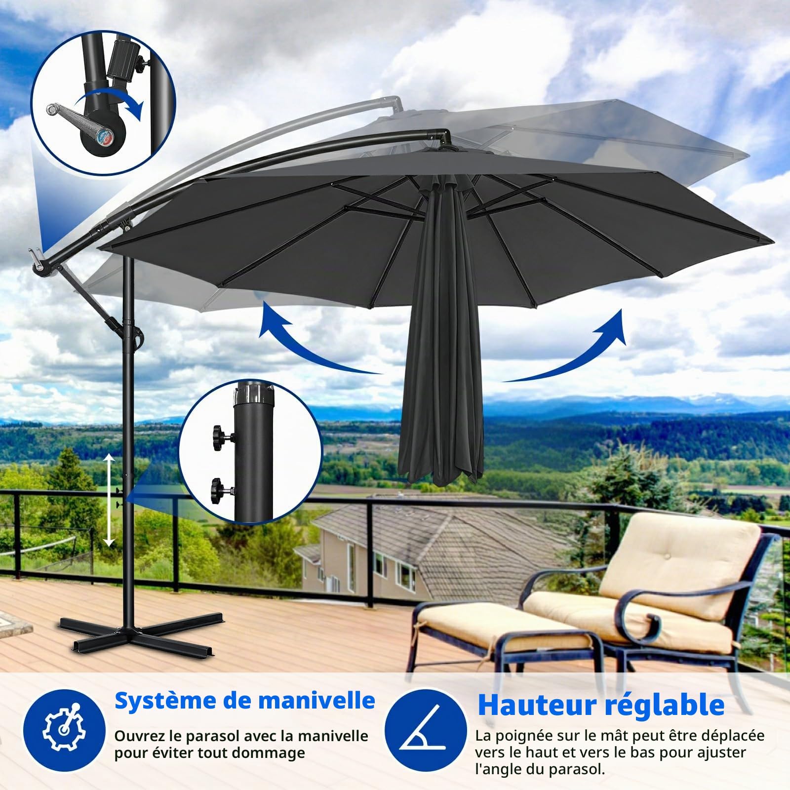 Parasol de Jardin Exterieur Déporté -Protection UV et Imperméable-Parasol Balcon avec Manivelle、Fonction 360°,Inclinable,Protection UV, Résistant au Vent, 8 Baleines en Acier
