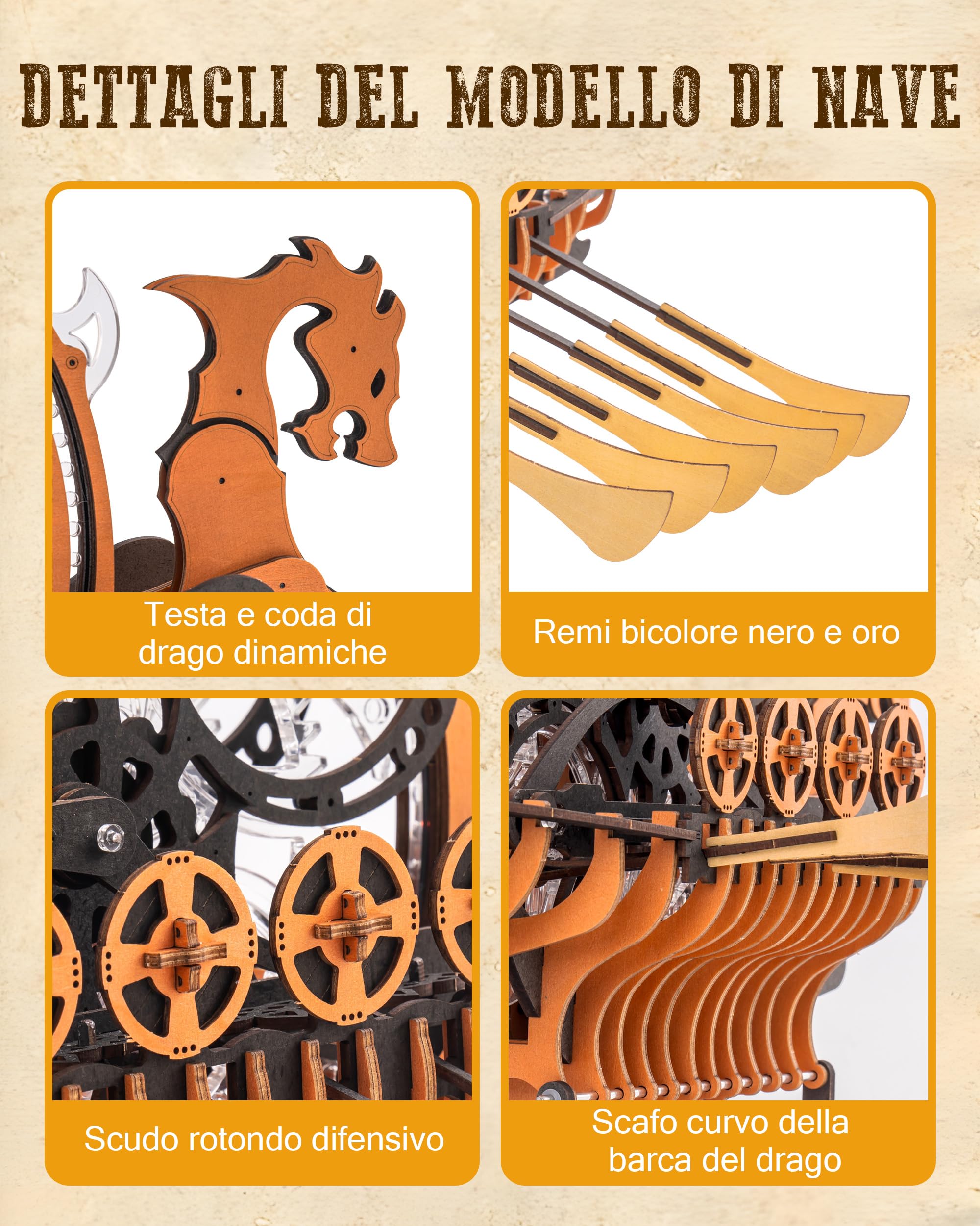 ROWOOD 3D Puzzle in Legno per Adulti da Costruire, Kit di Modelli Meccanici Viking Dragon Ship con LED, Decorazione Casa Accattivante, Ideale Regalo per Appassionati di Modelli di Nave