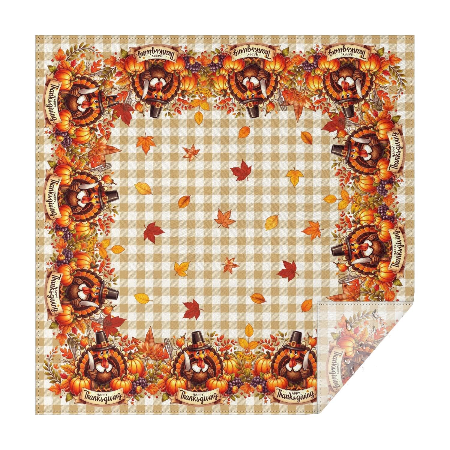 Aokoyi Thanksgiving Turkey Tablecloth 60x60 Inch, Waterproof Washable Farmhouse Fall Square Table Cloth Cover, Autumn Checkered Leaves Seasonal Tablecloth for Party Picnic Dinner Home Decor