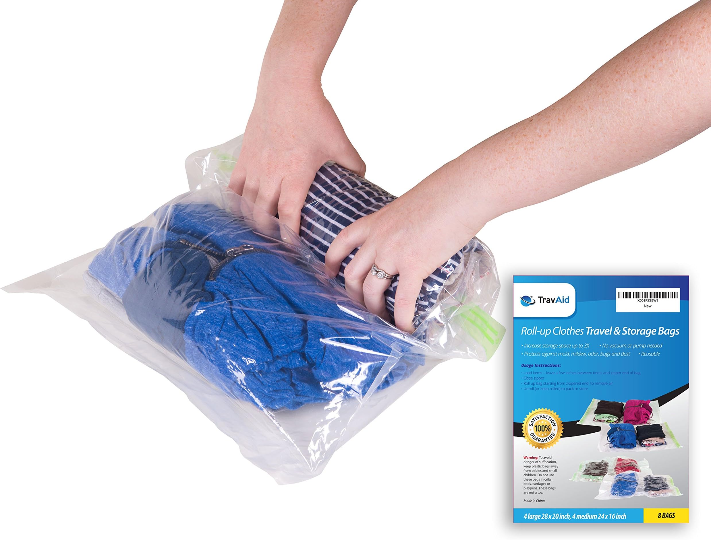 Roll-up Clothes Travel & Storage Bags - NO VACUUM NECESSARY - 4 Large Bags & 4 Medium Bags (8 in Total)