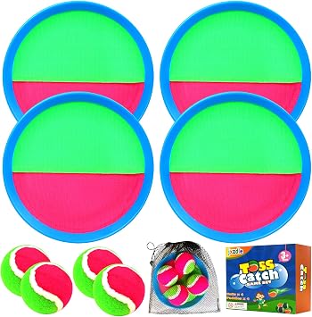 Toss and Catch Game Set - 4 Paddles, 4 Balls and 1 Storage Bag - Great Outdoor Toys/Gifts for Kids - Classic Beach and Yard Games Green and Red