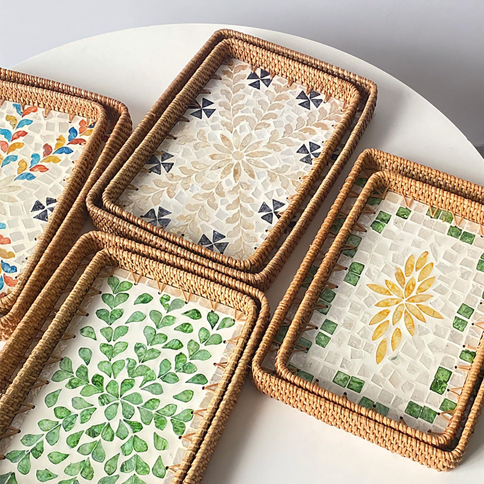 Bandeja de ratán para servir con incrustaciones de nácar, bandeja rectangular de ratán, cesta de almacenamiento de mimbre, bandeja decorativa para decoración del hogar,Center of the circle-Set of 2