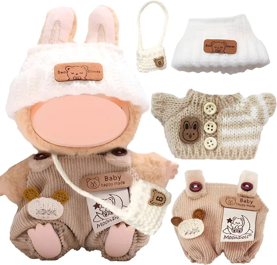 KASTWAVE 4PCS Doll Clothes & Accessories Set, Compatible with Labubu Plush Doll, Fits 17cm Dolls, Includes Hat, Sweater & Backpack, Gift for Girls & Kids (No Doll)