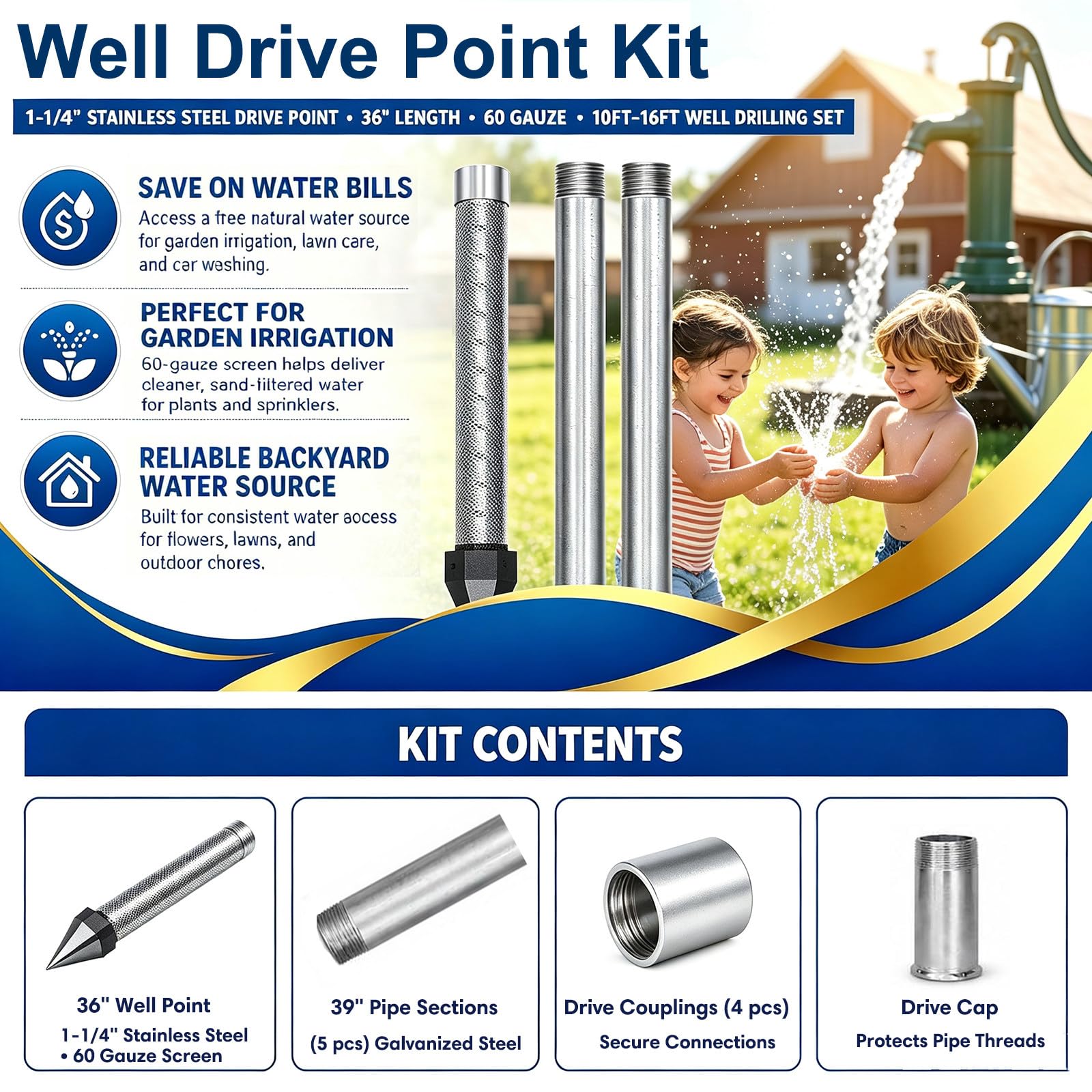 Kit Pozzo a Punta da 1-1/4": Punta Battente in Acciaio Inox con Filtro Sabbia da 36" (Maglia 60) E 5 Tubi di Prolunga Zincati; Kit Fai-da-Te per Irrigazione Prati