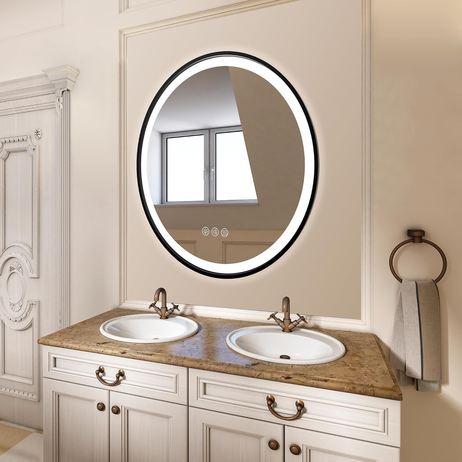 Lucid Collection Front Illuminated 24in Round LED Mirror in Black Frame with Defogger, CCT Color Temperature Selectability, and Brightness Control with Cleat for Wall Mounting