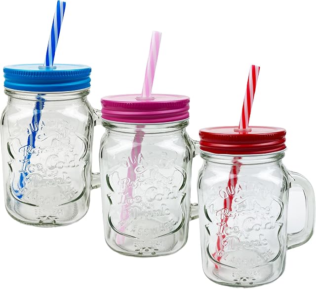 Pack of 2 Mason Jars with Handles, 500 ml Durable Drinking Glasses with Lids, Straws  Perfect for Cold Beverages Including Juices and Smoothies  Ergonomic and Comes in Attractive Hues and Designs