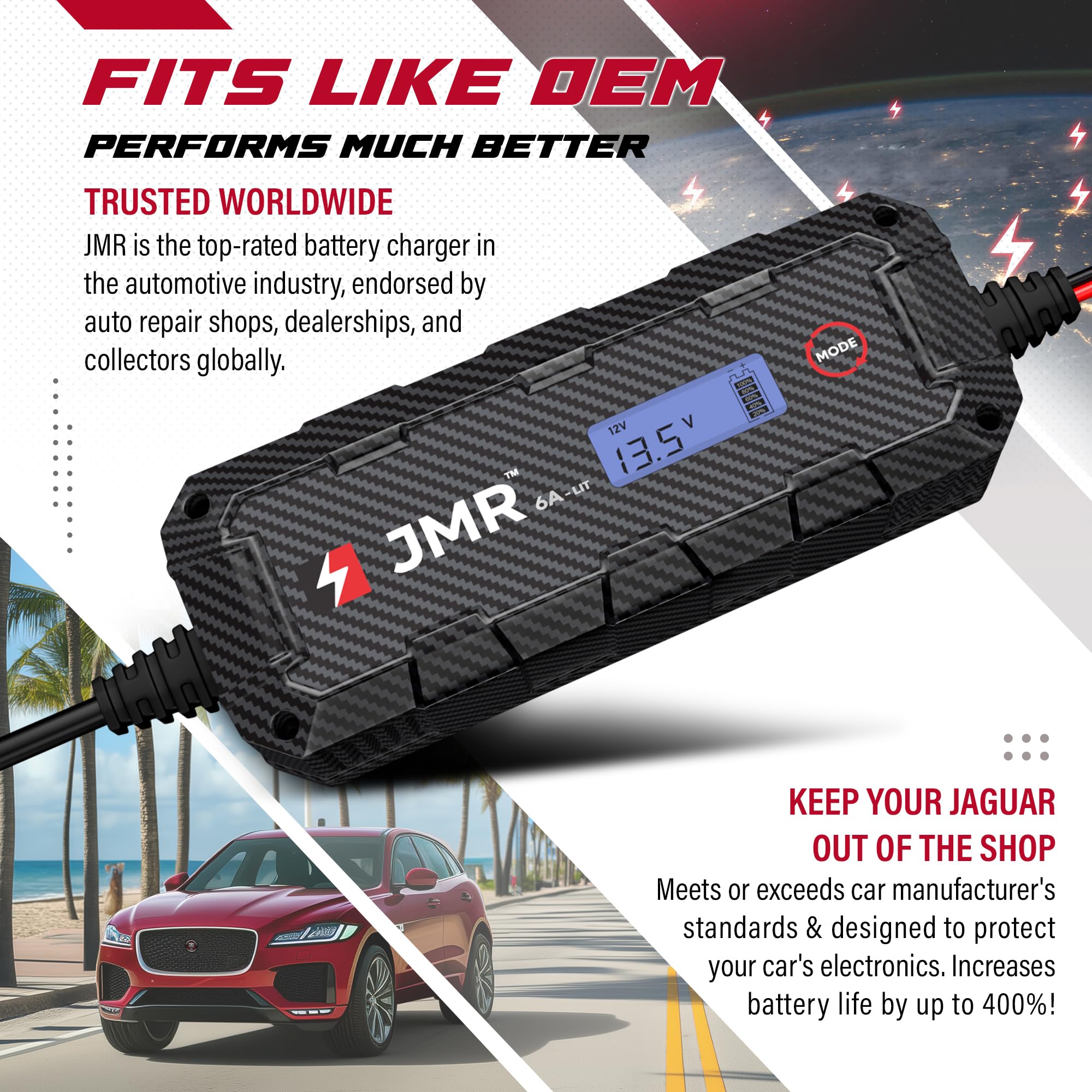 JMR Battery Charger for Jaguar F-Type XE XK XJ XF E-Pace I-PACE F-PACE S-Type X-Type All Models Trickle Charger Conditioner Maintainer (Add Lithium Mode)