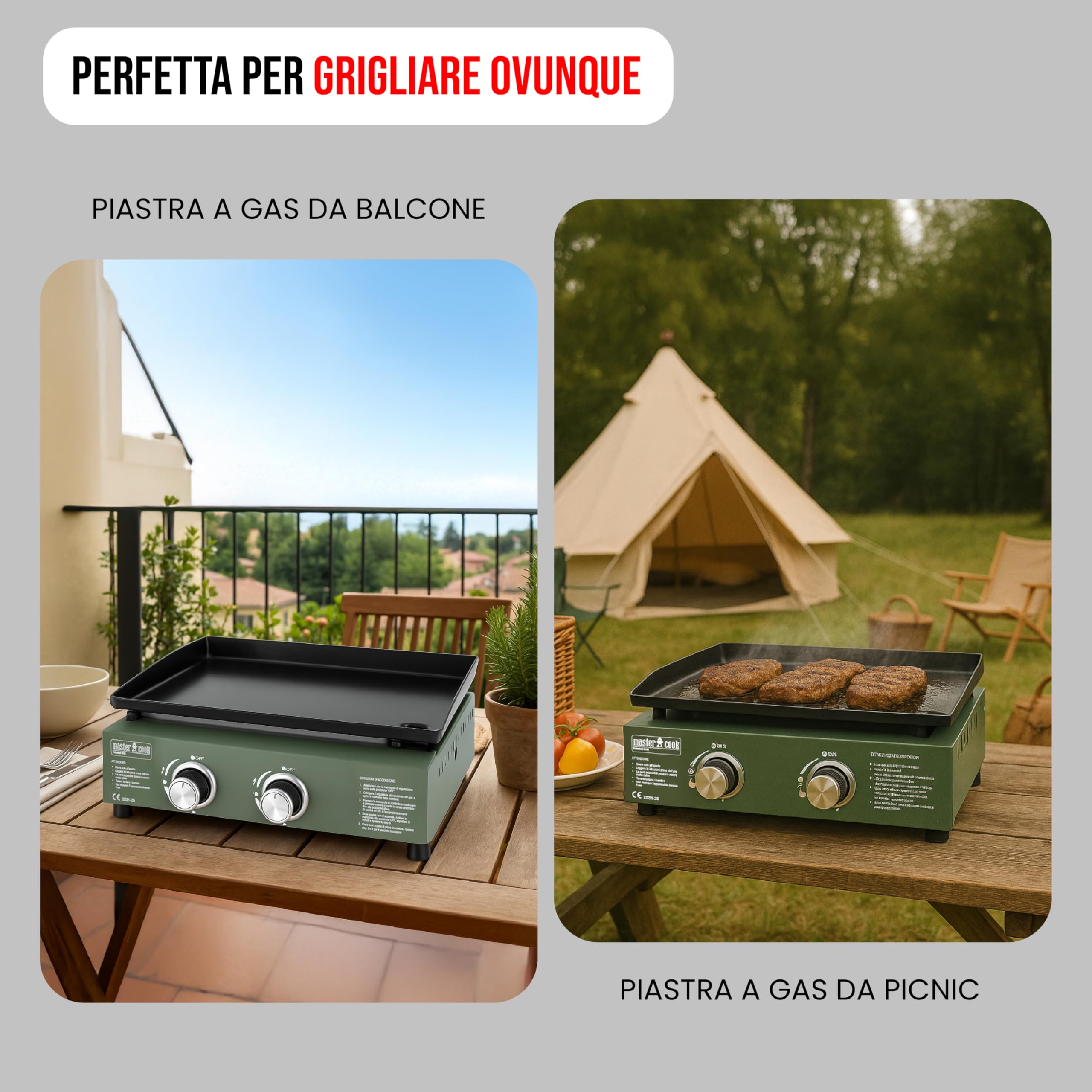 MasterCook - Piastra A Gas Professionale Da Esterno In Acciaio Inox Con 2, 3, 4 Fornelli Regolabili, Piastra A Gas Per Grigliare All’aperto In Campeggio O Giardino (Verde, 2 bruciatori)