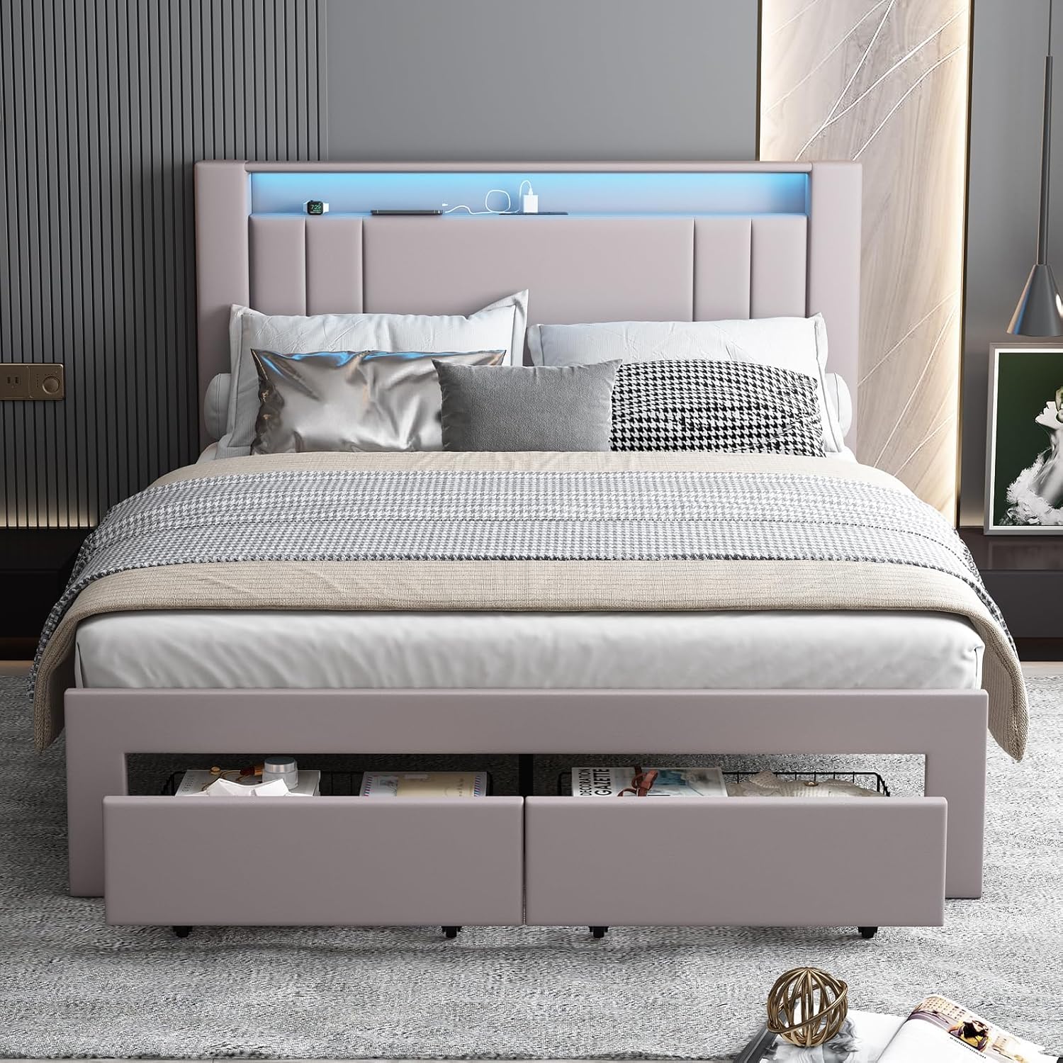 Upholstered Queen Bed Frame with LED Lights Leather Platform Bed with Storage Drawers and Charging Station, LED Bed Frame,No Box Spring Needed,Noise-Free (Grey, Queen)