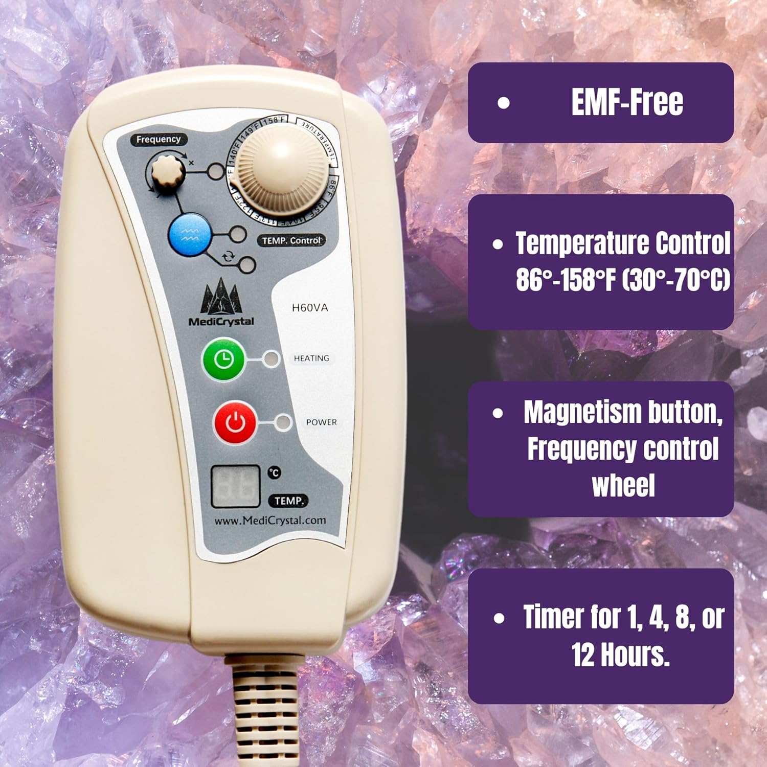 MediCrystal Infrared Heating Bio Stimulation Mat - Compact 48"L x 22"W - Natural Amethyst & Tourmaline Crystals - Adjustable Temperature 86°-158°F (30°-70°C) - Negative Ions - FDA Reg Manufacturer - Image 6