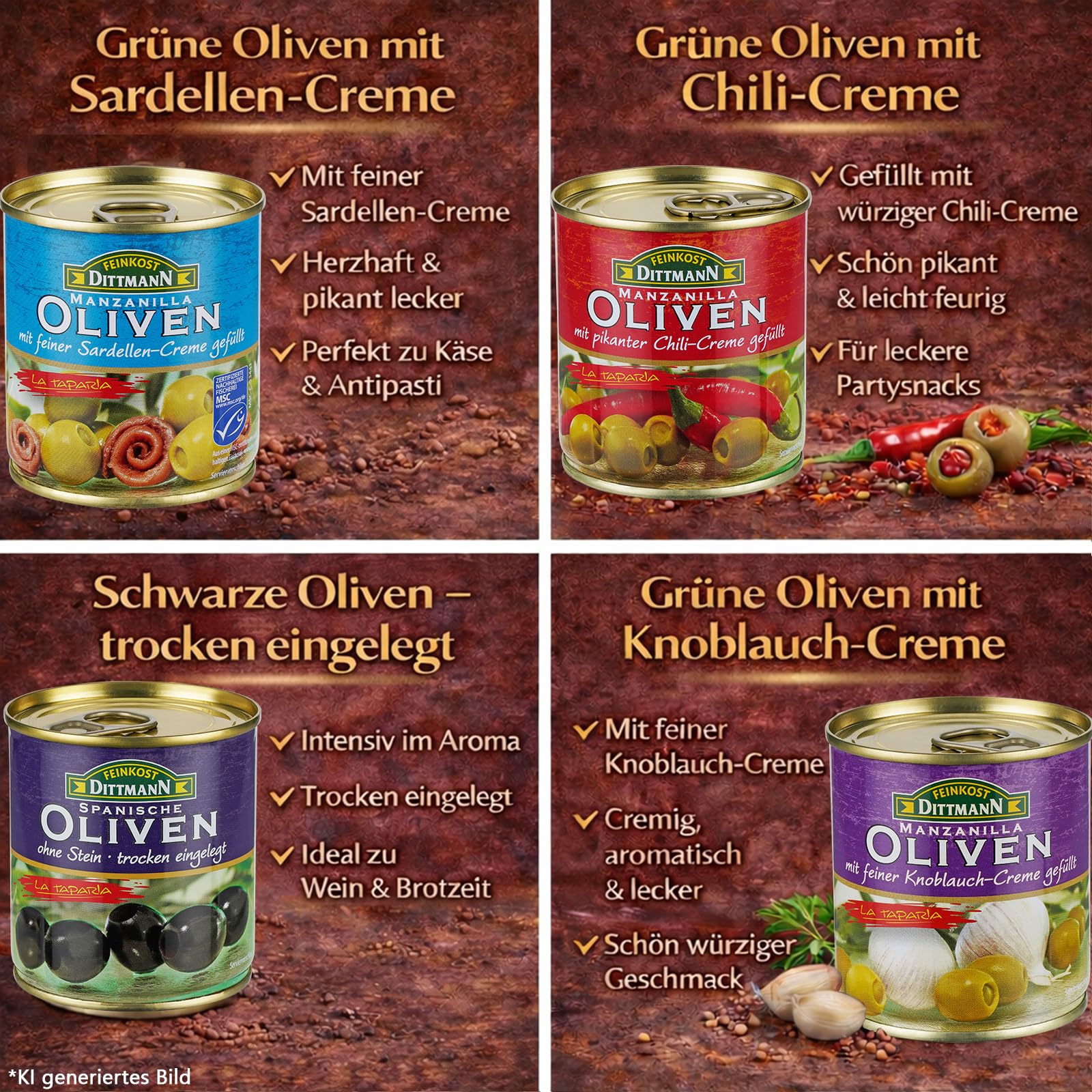Feinkost Dittmann Oliven & Tapas Mix – 8er Set Manzanilla Oliven | gefüllt mit Chili, Sardellen, Thunfisch, Zitrone, Knoblauch, Blauschimmelkäse + Spanischer Tapas-Cocktail