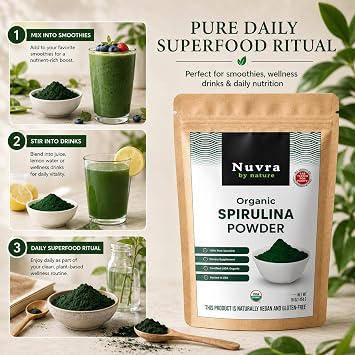 Organic Spirulina Powder Supplement, 16 oz | 100% Pure Spirulina | Blue-Green Algae, Naturally Rich in Vitamins & Minerals | Vegan, Gluten-Free, No Additives, Lab Tested, Packed in USA