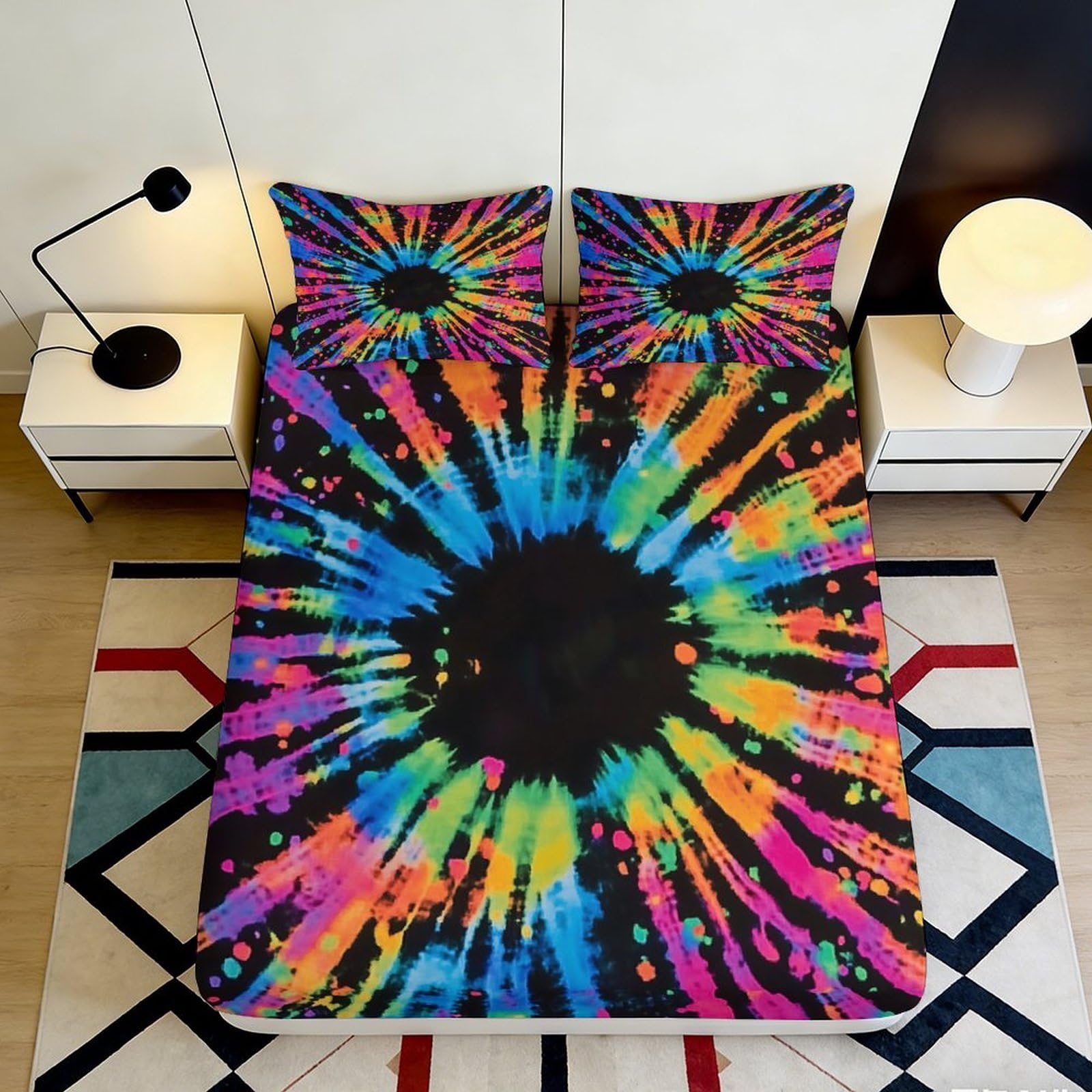 3D Printed Tie Dye Explosion Fitted Sheet Microfiber Soft Breathable Rainbow Splash Mattress Cover Bedroom Decor 90x200x25cm