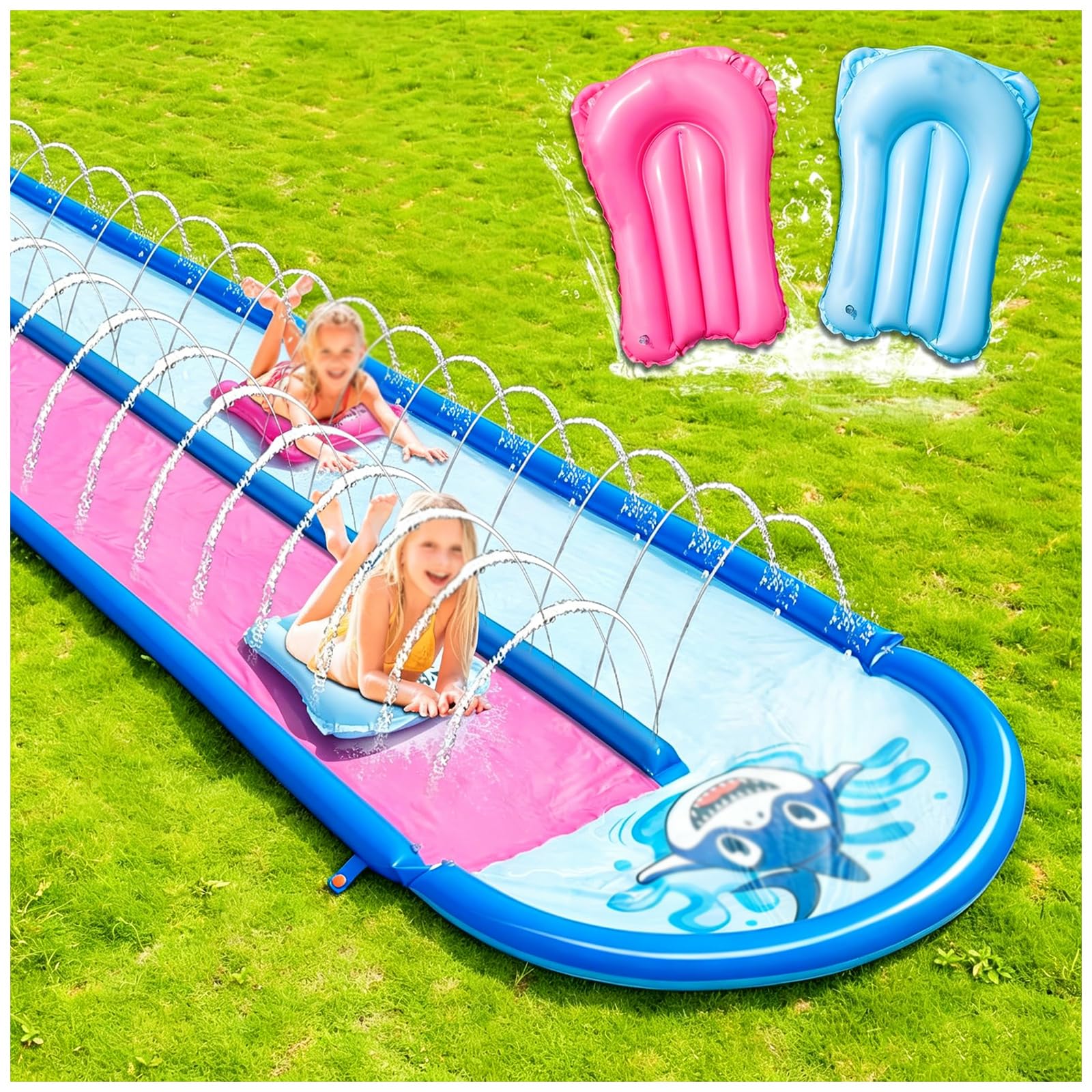 ZQBXHDZW Water Slides With 2 Inflatable Boards,Slip And Slide, Extra Long Backyard,With Sprinkler Bodyboards,2 Lane Splash Summer Toys,For Outdoor Backyard Lawn Kids Teens Adults(Two-player)