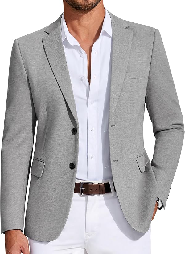 COOFANDY Mens Casual Blazer Knit Sport Coat Lightweight Two Button Suit Jacket Light Grey, L