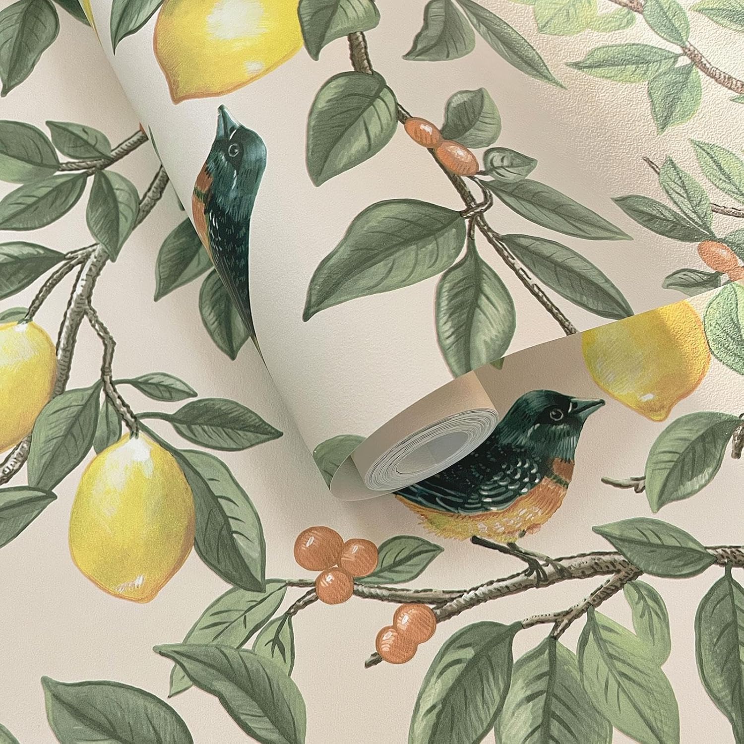 Lemon Fruit and Leaf Trail Botanical Birds Berries Themed Wallpaper for Bedrooms, Living Rooms, Dining Rooms in a Soft Cream/Orange Colour Holden 13870