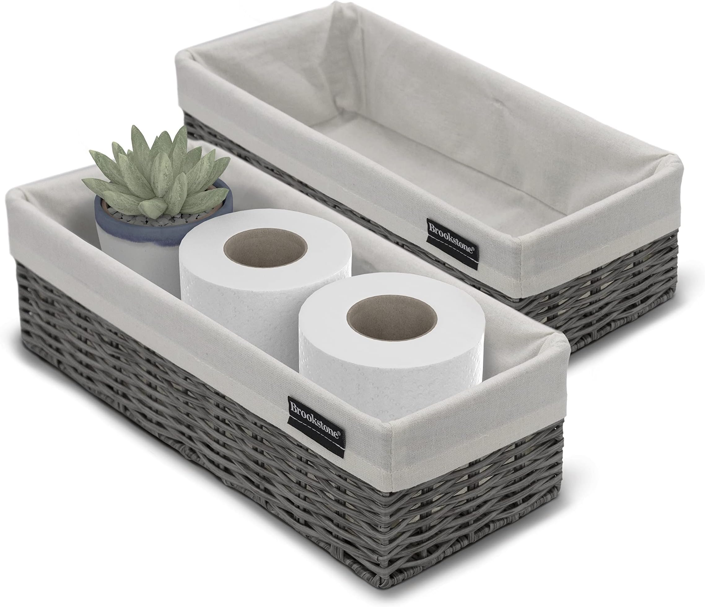 Brookstone Wicker Storage Basket Two Pack Set, Bathroom and Closet Organizers and Storage Bins with Fabric Liner, Grey