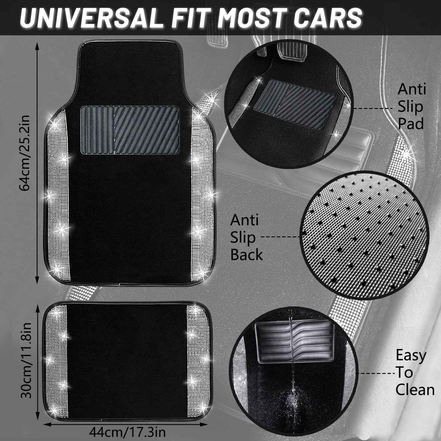 NBTEPEM Bling Car Floor Mats Full Set, Universal Fit Most Cars,SUV, Trucks, 4 pcs Sparkle Glitter Diamond Carpet for Women Girls with Anti-Slip Pad (Silver Diamond) - Image 7