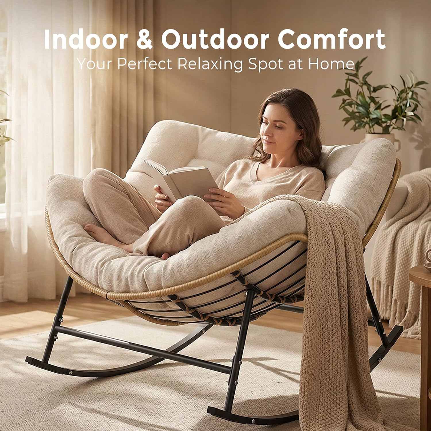 SWITTE Oversized Rocking Papasan Chair, Outdoor Wicker Egg Rocker with Thick Cushion, 450 lbs Heavy Duty Comfy Patio Lounge Chair for Balcony, Porch, Indoor Living Room, Cream