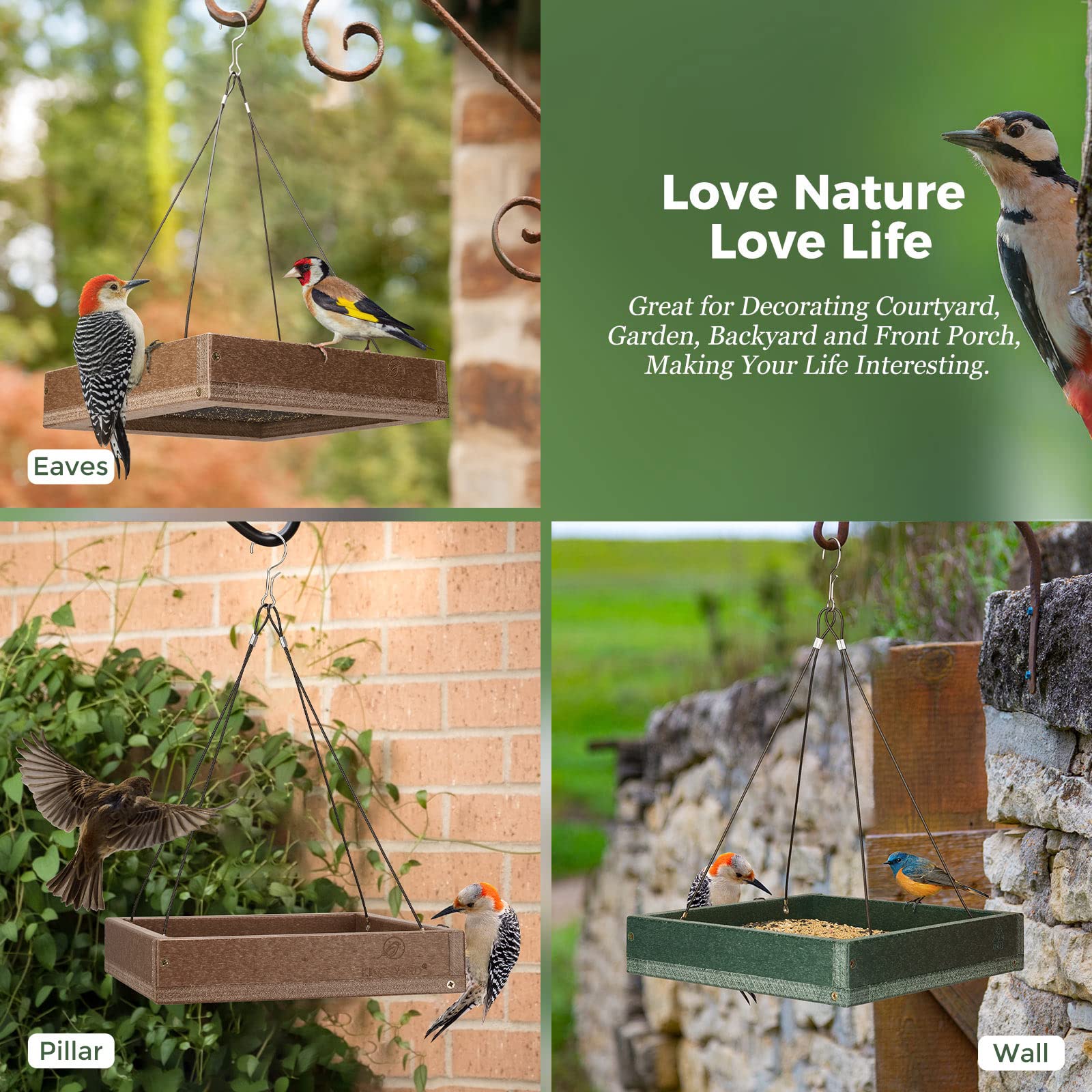 Kingsyard Platform Bird Feeder for Outside, Recycled Plastic Hanging Tray Bird Feeders with Large Capacity 3.5 lbs, Premium Quality & Durable, Great for Attracting Wild Birds, Green