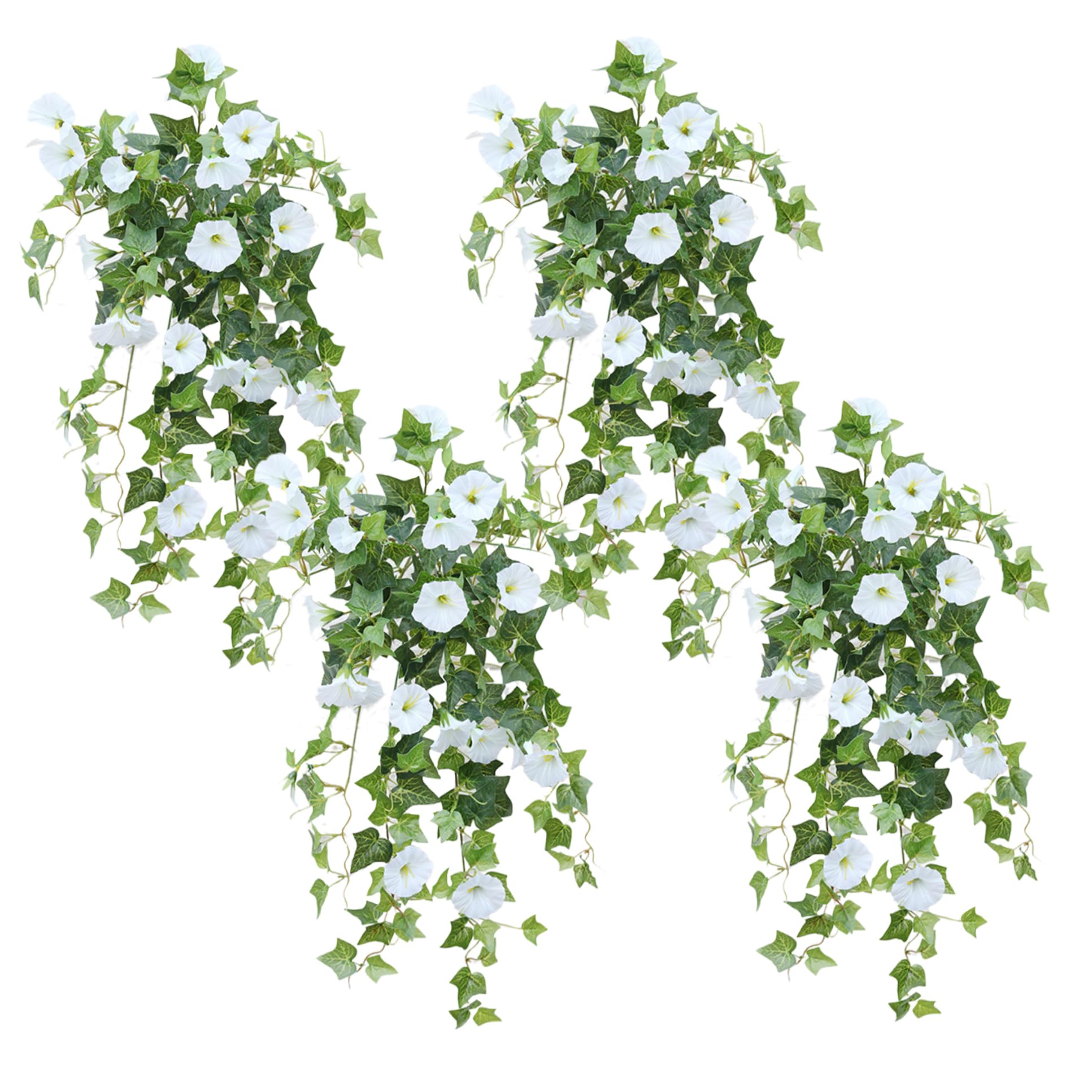 Flores artificiales colgantes para exteriores 4 ramos de petunias artificiales blancas de 66 cm de largo petunias de seda sintética resistentes a los rayos UV flores colgantes para bodas y jardines.
