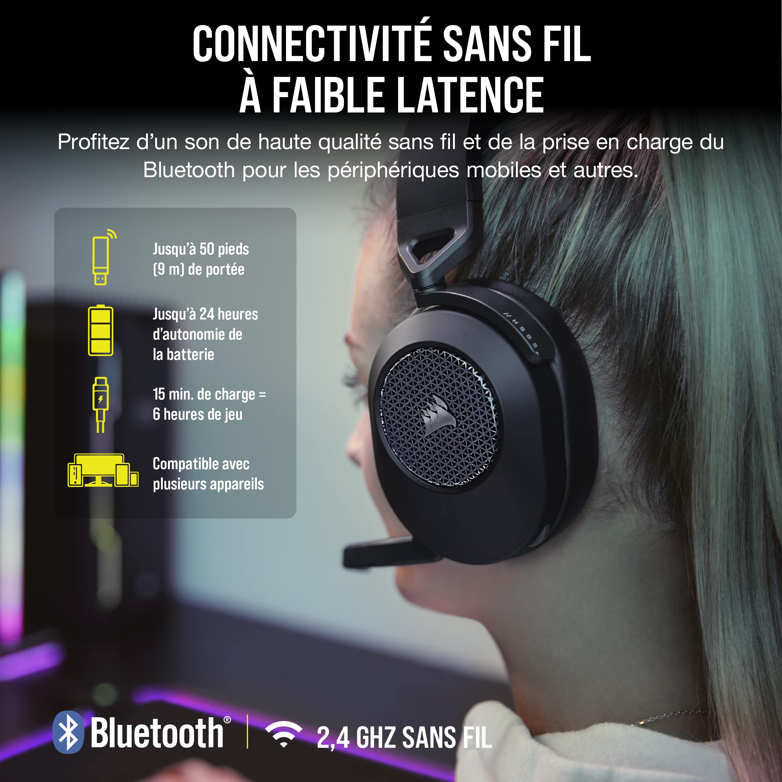 Corsair HS65 Wireless Casque Gaming - Faible Latence 2,4 Ghz sans Fil ou Bluetooth, Son Surround Dolby® Audio 7.1, Légère, Microphone Omnidirectionnel, Commandes Audios Accessibles - Noir