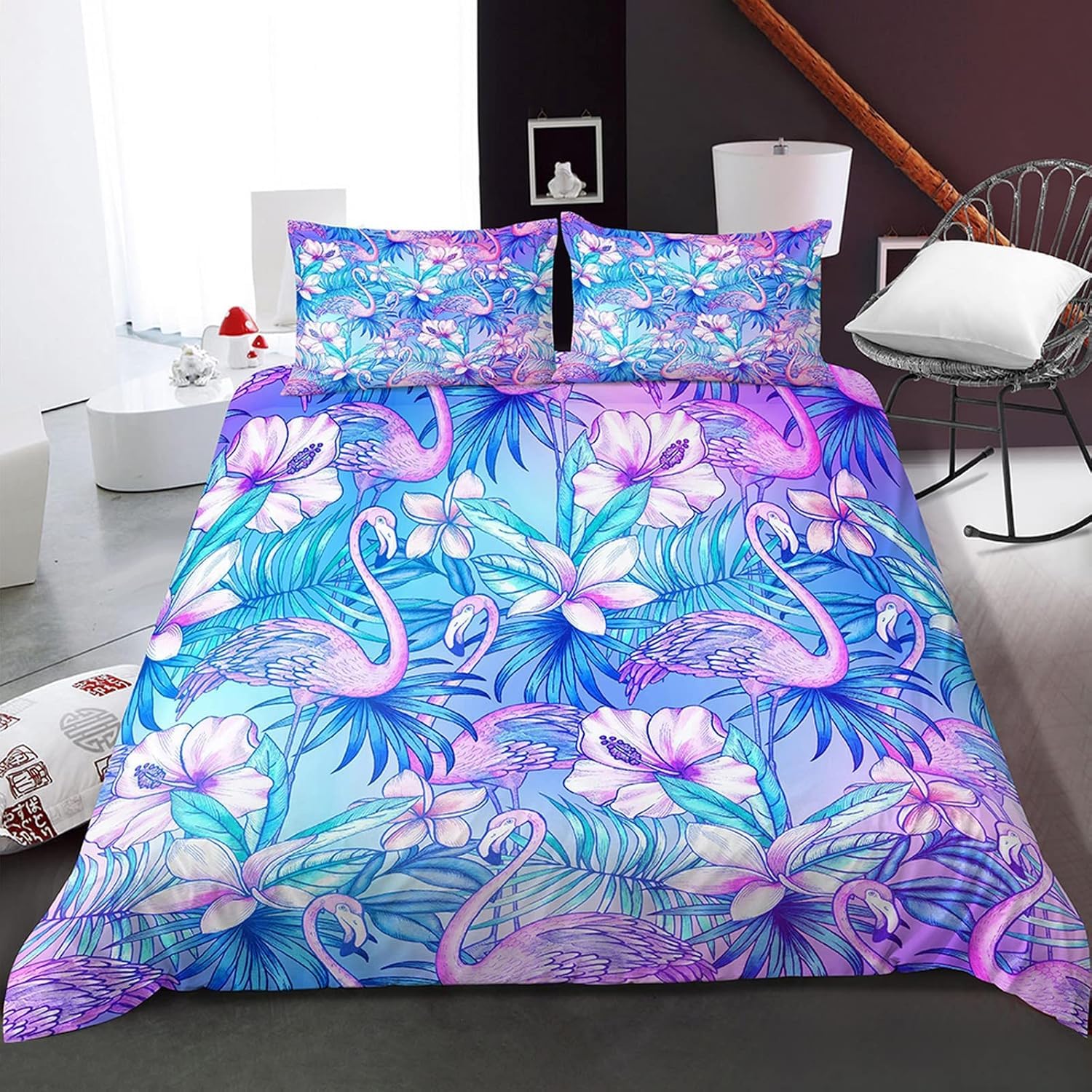 Housse de couette flamant rose 260x230 parure de lit imprimé 3D fleurs