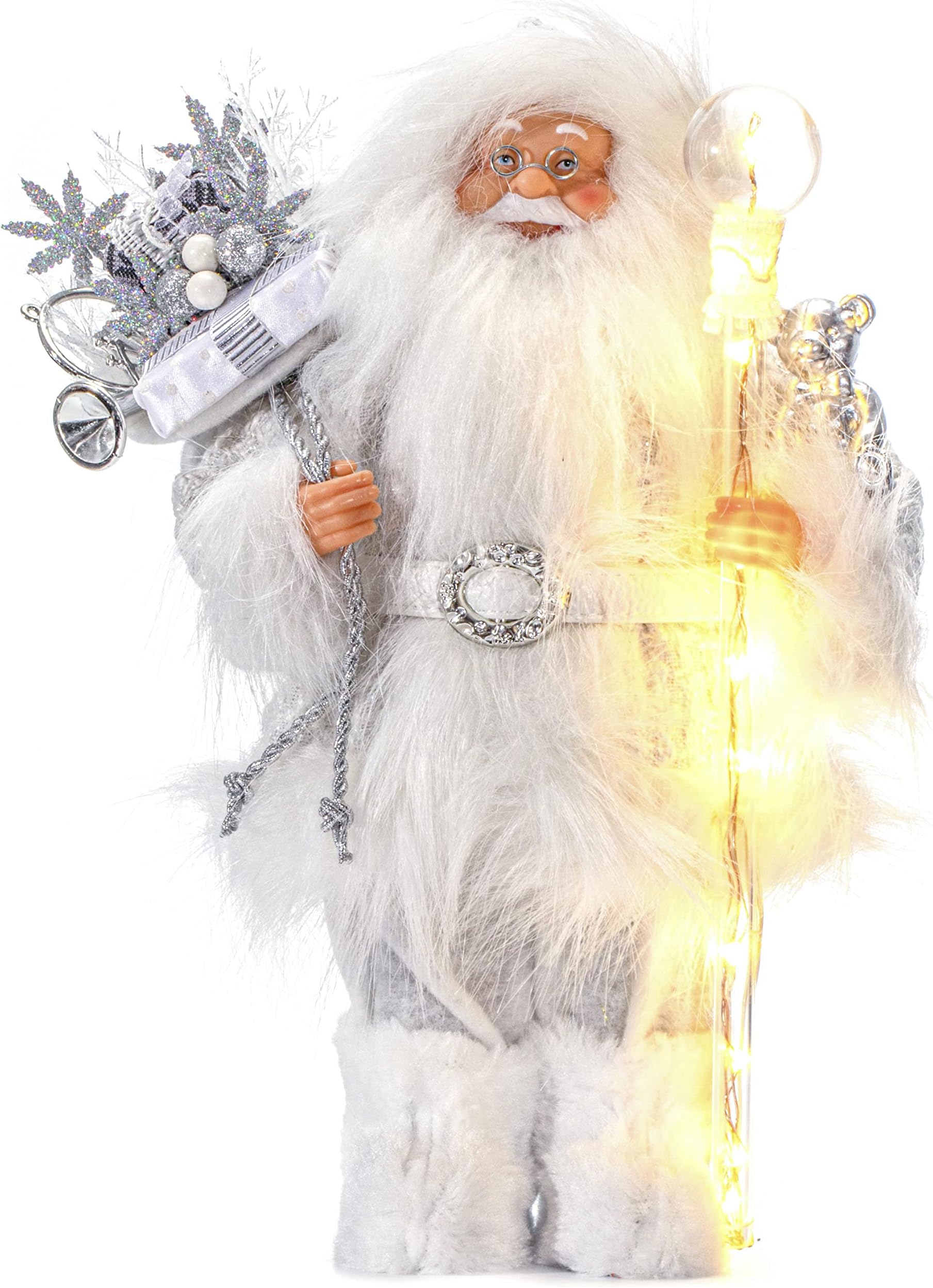 Toiyason 13.8inch Santa Claus Figurines with Lighting Walking Stick，Christmas Standing Santa Figure Decorations Gift for Xmas Outdoor Indoor Home Office Ornaments,White&Silver