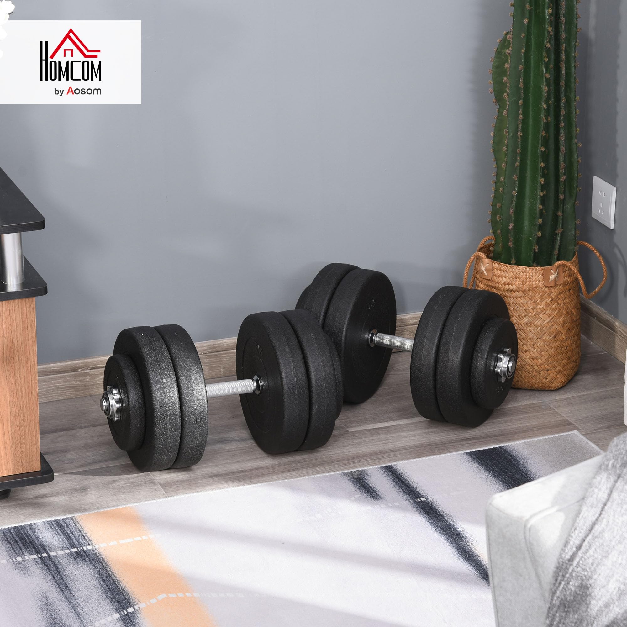 HOMCOM Juego de Mancuernas Ajustables Pesas y Mancuernas 50 kg Negro | 8x5 kg, 4x1,5 kg, 2 Barras para Ejercicio, Entrenamiento en Casa, Gimnasio, Oficina