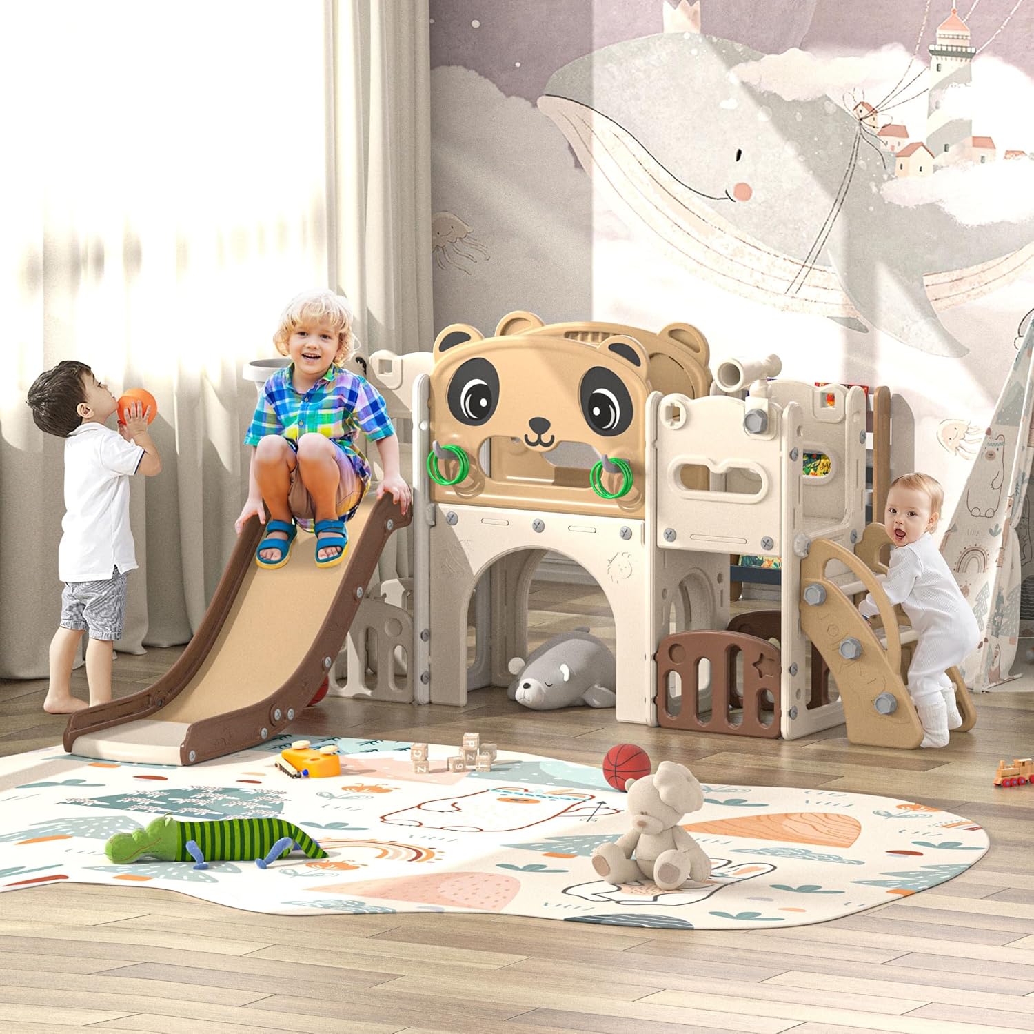 NYEEKOY 9-in-1 Toddler Slide and Climber Set Indoor Outdoor Slide Playset for Kids Age 1-8, Freestanding Backyard Playground with RNG Toss, Basketball Hoop,Telescope, Storage Space
