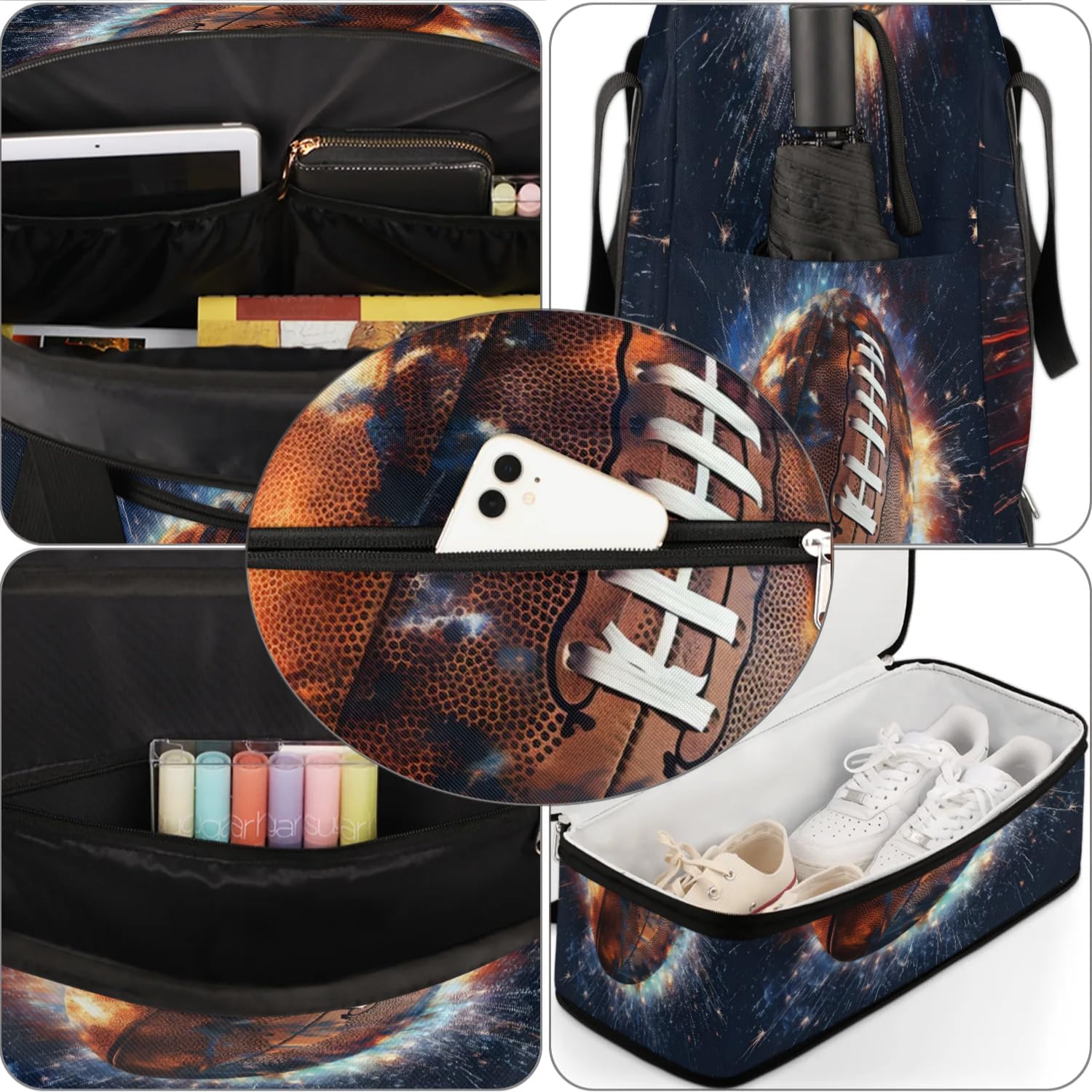 Sports Duffel Bag, Foldable Rugby Football Travel Duffel Bag, Gym Yoga Beach Bag Weekender Overnight Bag with Shoes Compartment for Men Women, Sport Theme
