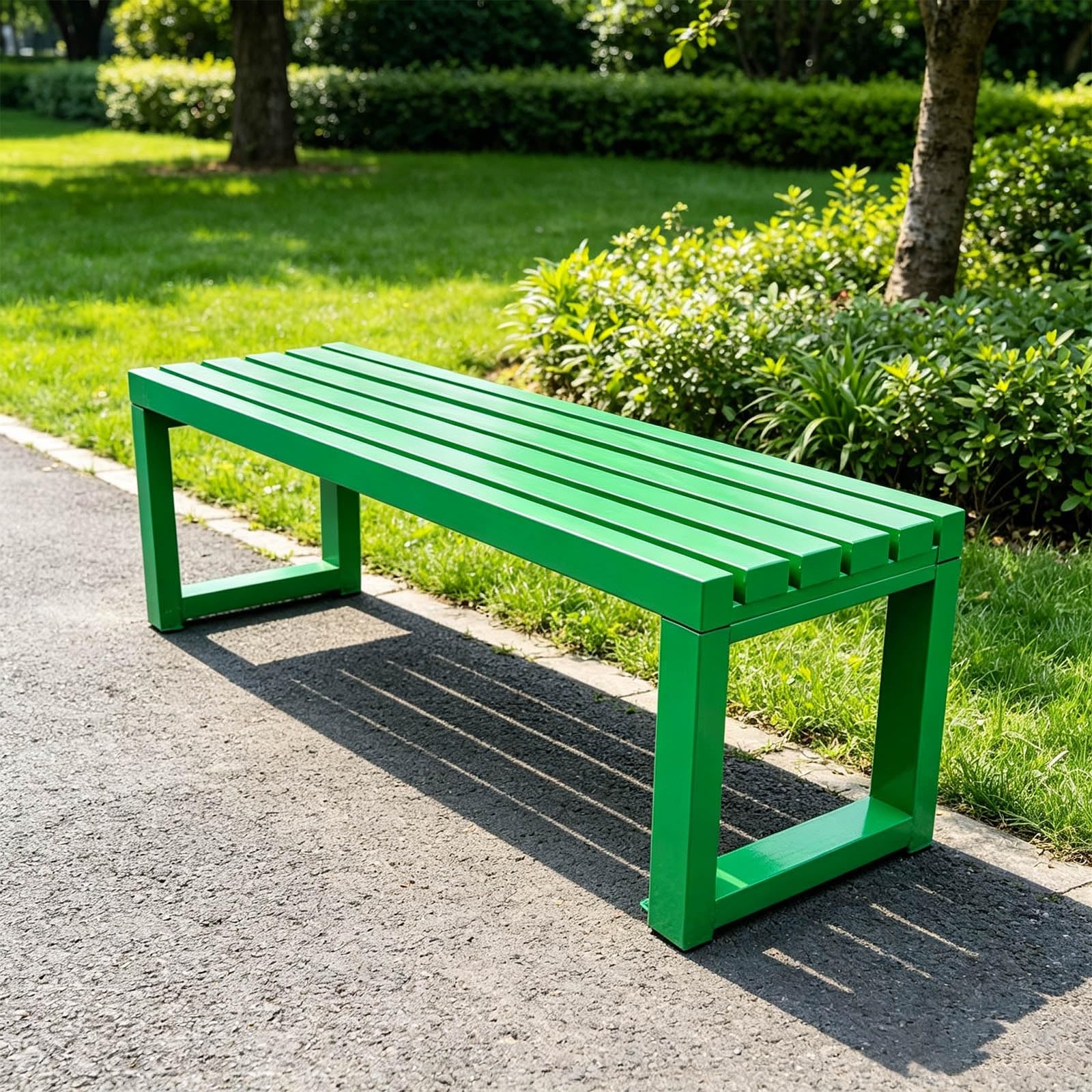 Banco de jardín exterior metálico de 150cm verde para terraza y asiento resistente de patio