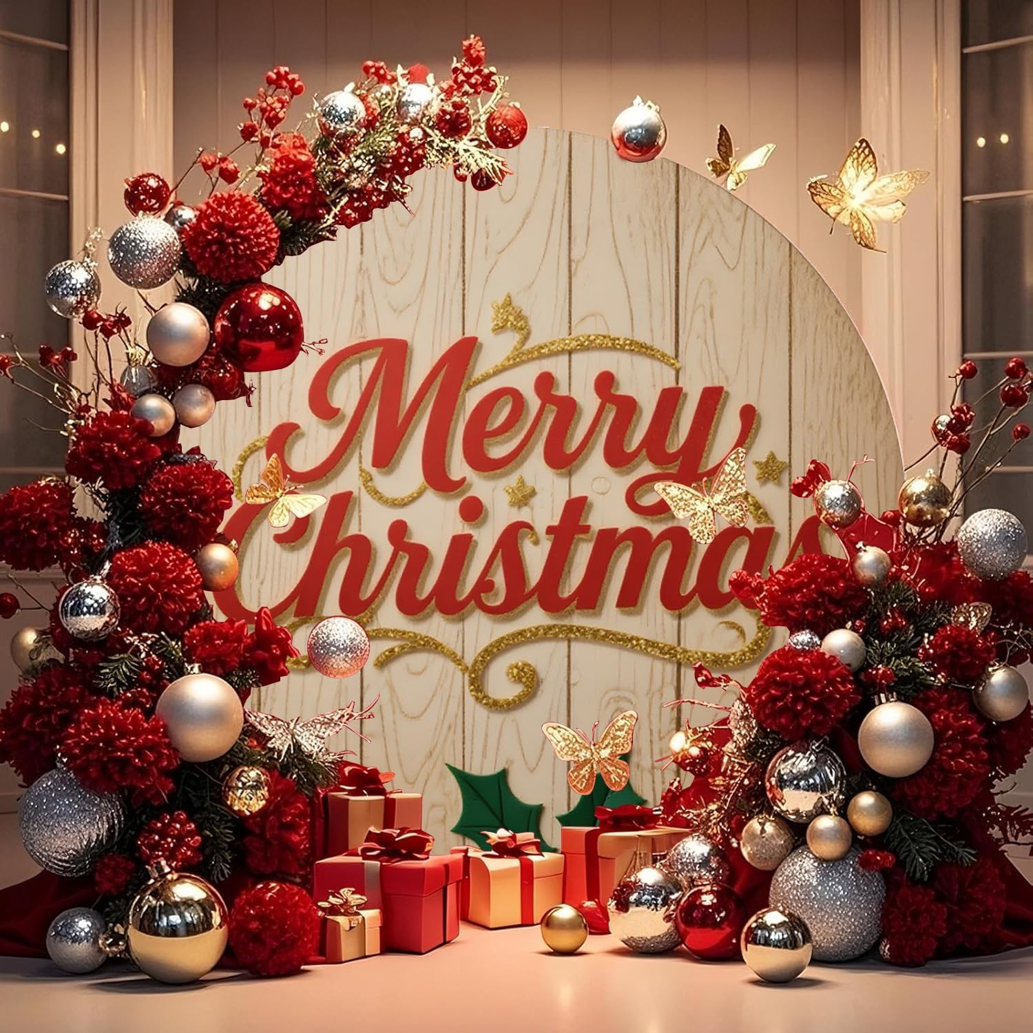 Christmas Round Backdrop Cover 7.2ft for Circle Arch Stand Rustic Wooden Christmas Circle Backdrop Covers Holiday New Years Birthday Xmas Party Photo Shoot Photography Background