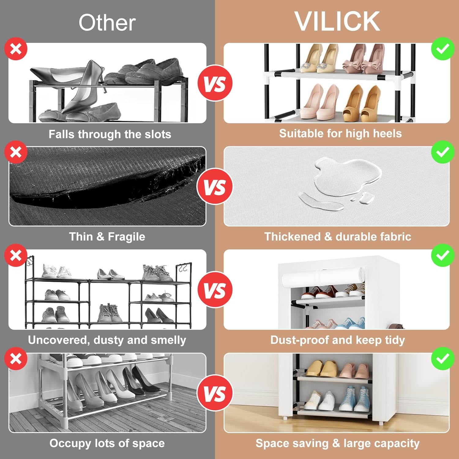 VILICK Shoe Rack with Cover Narrow Shoe Rack Organizer with 4 Side Pockets 10 Tier Tall Shoe Storage Shoe Shelf Holds 18-22 Pairs Shoes and Boots Shoe Rack for Closet, White