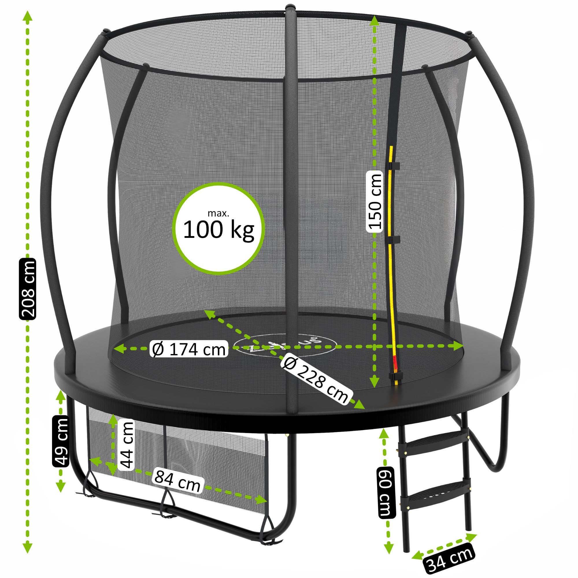 Zelsius Trampolin Schwarz für den Outdoor-Bereich | Trampolin Outdoor, Gartentrampolin mit Sicherheitsnetz, Leiter und Schuhbeutel | Trampolin für Sport und Freizeit