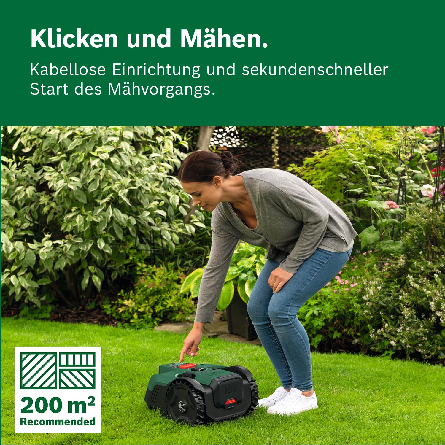 Bosch Akku-Mähroboter VISIMOW18V-200 (für Rasenflächen bis 200 m², Schnittbreite: 18 cm, Schnitthöhe: 20-60 mm, mit Ersatzmessern, inkl. Akku und Ladegerät)