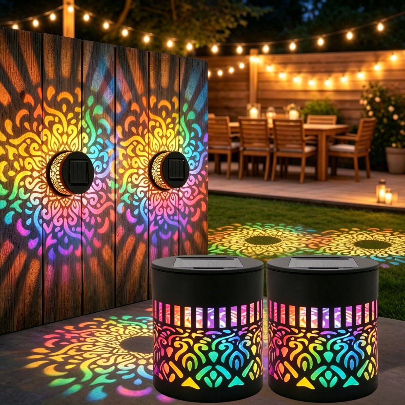 Photo 1 of 2PCS Solar Mandala Lights Outdoor Wall Powered Projector Light Decorative Projection Color Changing Seven-Color Ambient Glow Metal Hollow Iron Waterproof Garden Fence Patio Yard Mounted