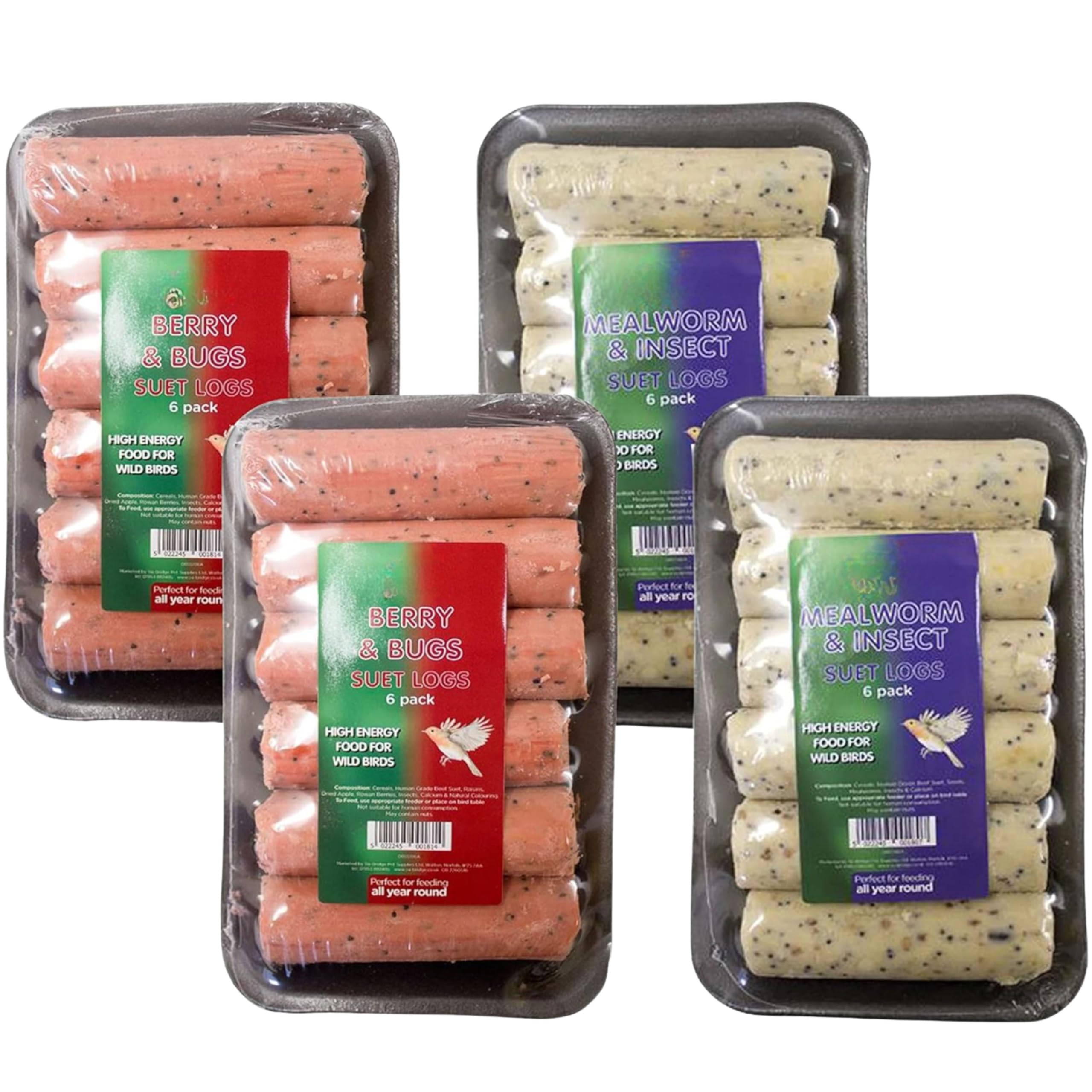 Suet Logs for Wild Birds Bundle Contains Insect & Mealworm , Berry & Bugs Garden Nuggets Total 24 Logs