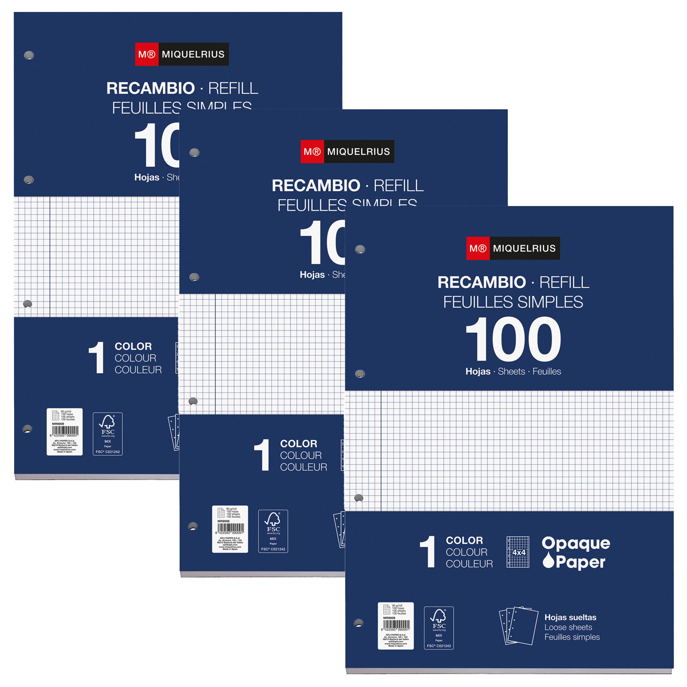 Miquelrius Refill Pad, 300 Squared Sheets 4 x 4 mm, Opaque Paper 90 g/mยฒ, A4 Refill Sheets Punched for Ring Binders or Binders, School Supplies - Ideal for Back to School