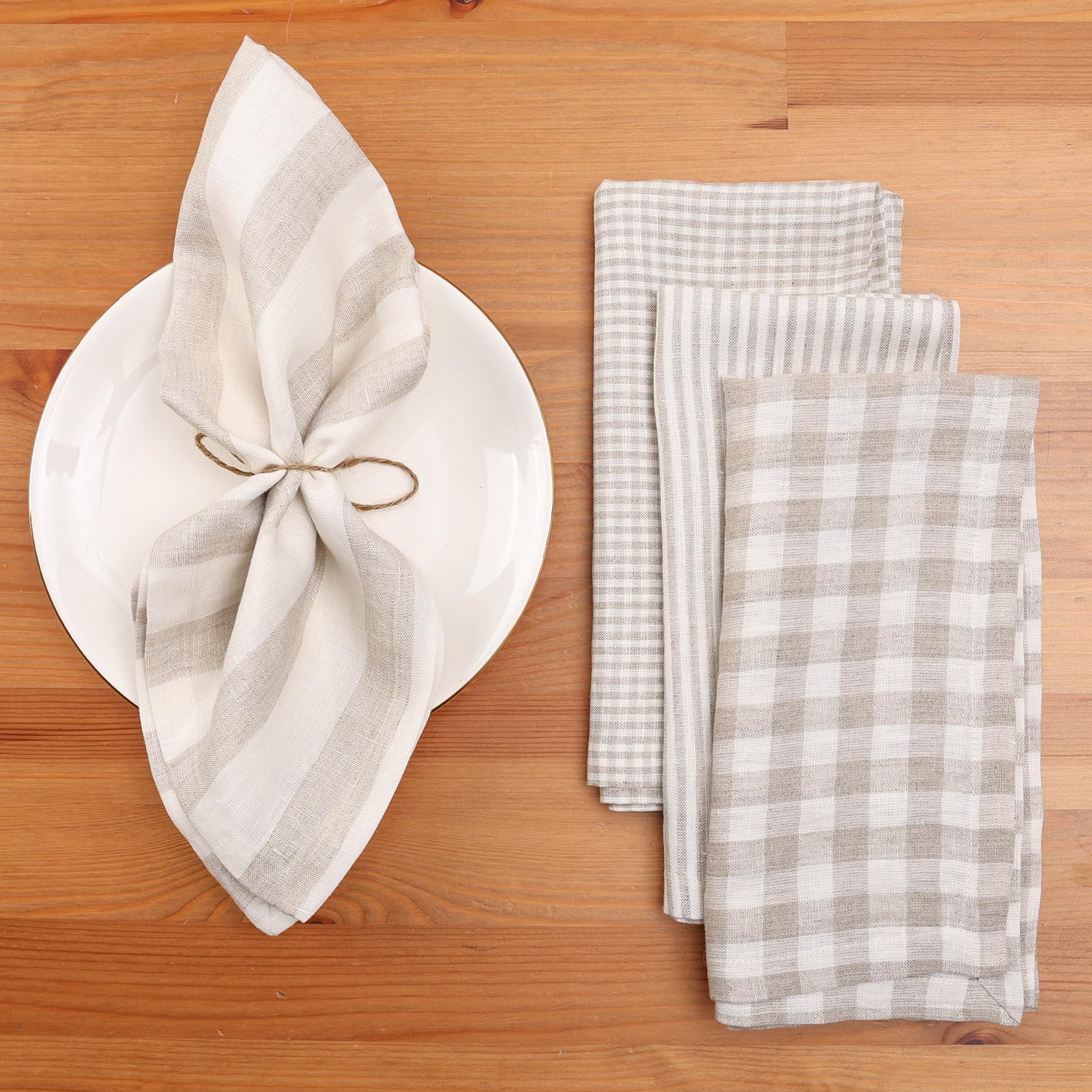 HSOFTIFY 100% Pure Linen Napkins Set of 4 for Decor Khaki, Gingham Striped