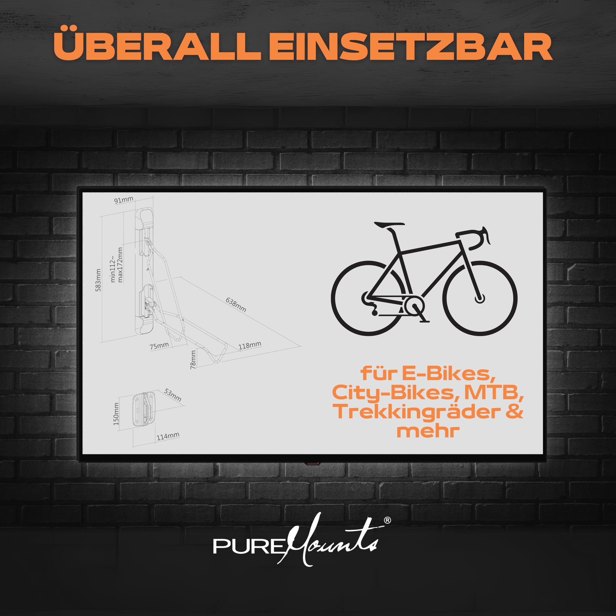 PureMounts Fahrrad Wandhalterung, Fahrradhalterung, Fahrradhalter, höhenverstellbar, schwenkbar für E-Bike, MTB bis 35 kg, Fahrrad Aufhängung Wand Garage Keller, Fahrradwandhalterung, Schwarz