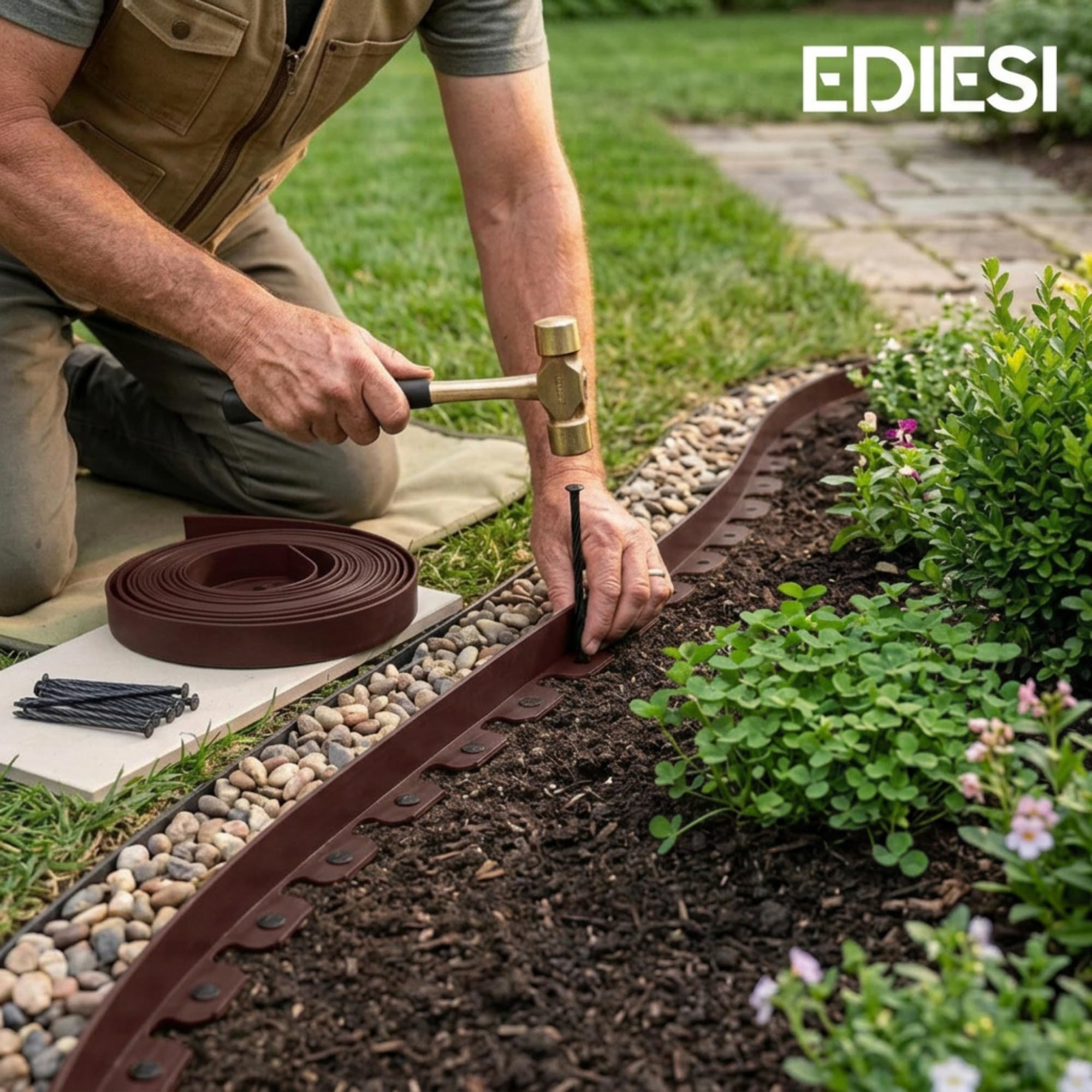 Ediesi, Bordura per giardino 10 m flessibile, bordo aiuole plastica resistente 5 mm, bordatura giardino per prato vialetti, installazione facile con 30 picchetti (Marrone, 10 metri)