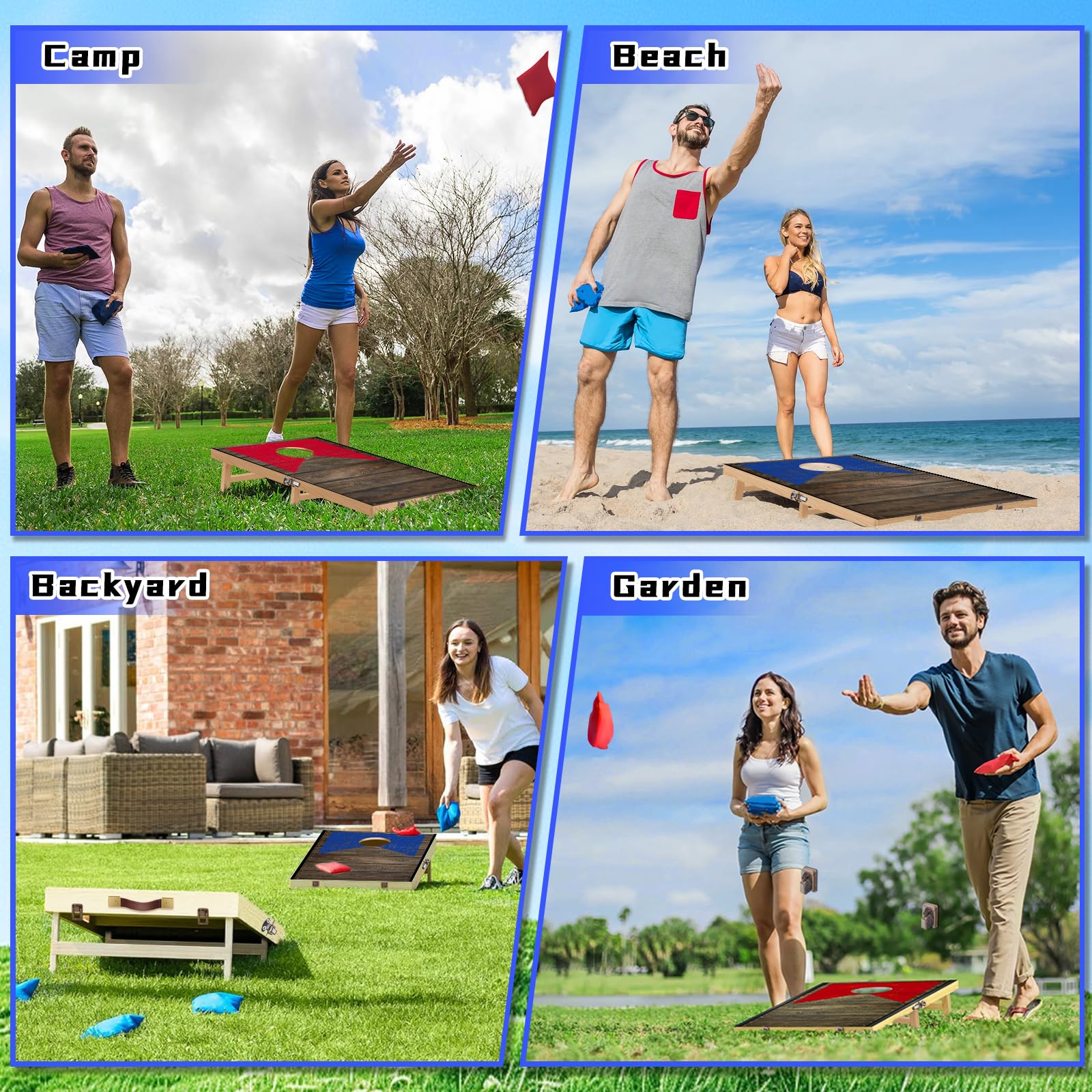 NZQXJXZ Juego de Cornhole de Madera Maciza - 120 x 55 cm Tablas de Cornhole Plegables con 8 pufs y una Bolsa de Transporte, Juegos portátiles de Lanzamiento de pufs para Adultos y Familia